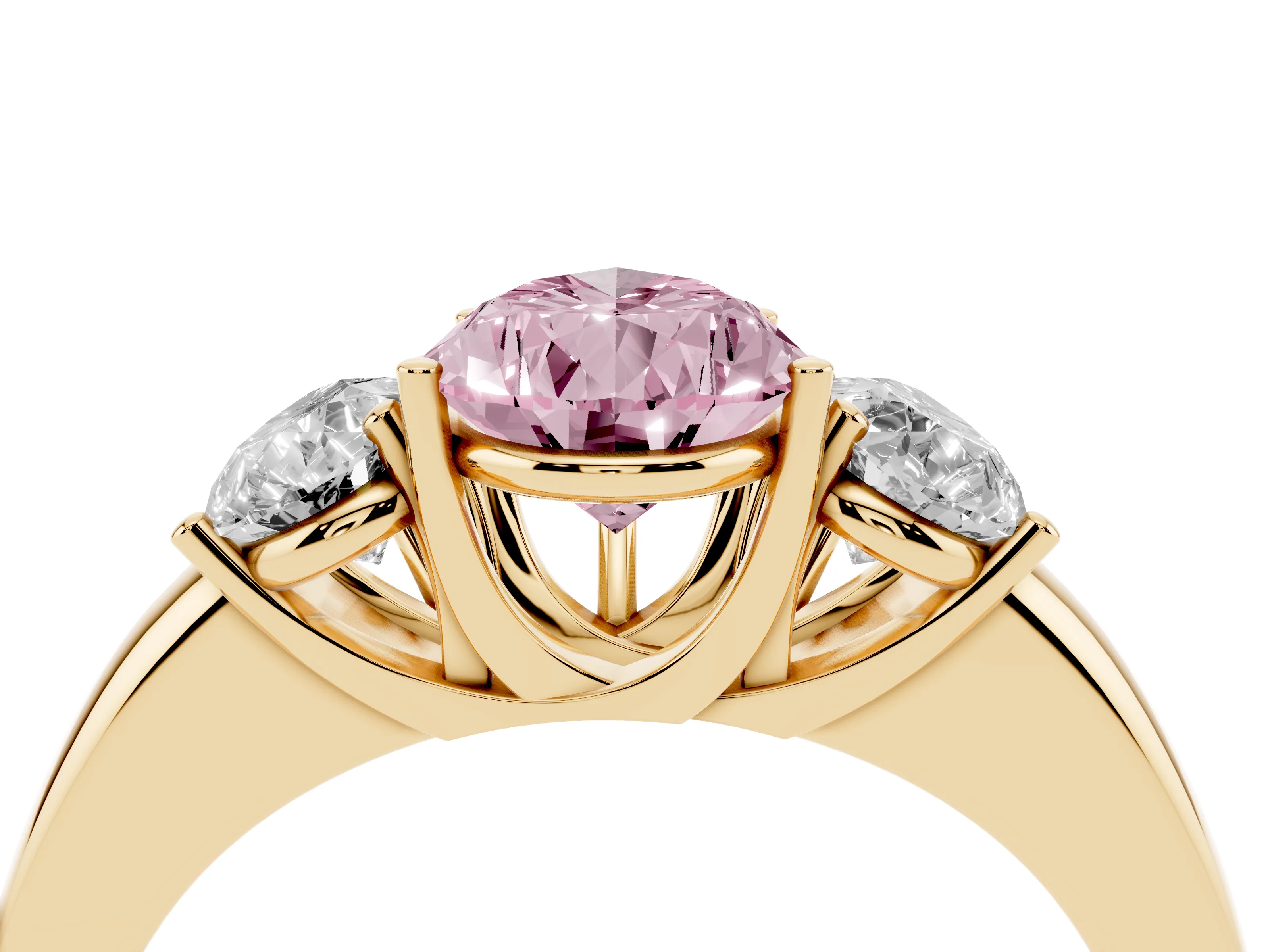 Fancy Pink Pear Cut Diamond Three-Stone Ring Set in Yellow gold with Bold Center and Classic Band
