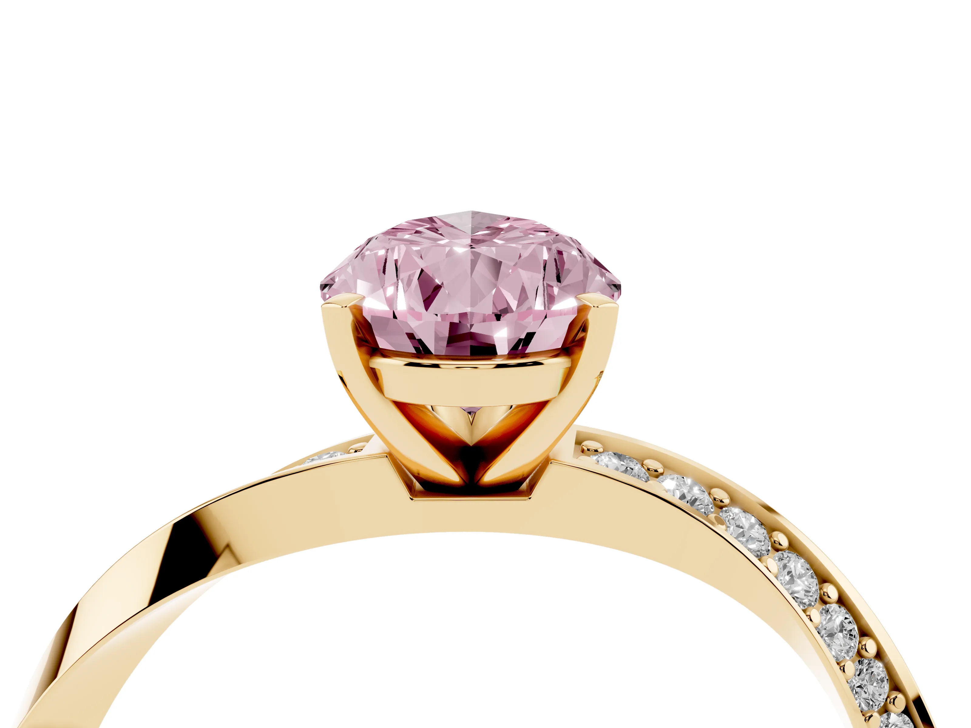 Fancy Pink Pear Cut Diamond Engagement Ring Set in Yellow gold with Side Stone Accents and Prong Setting