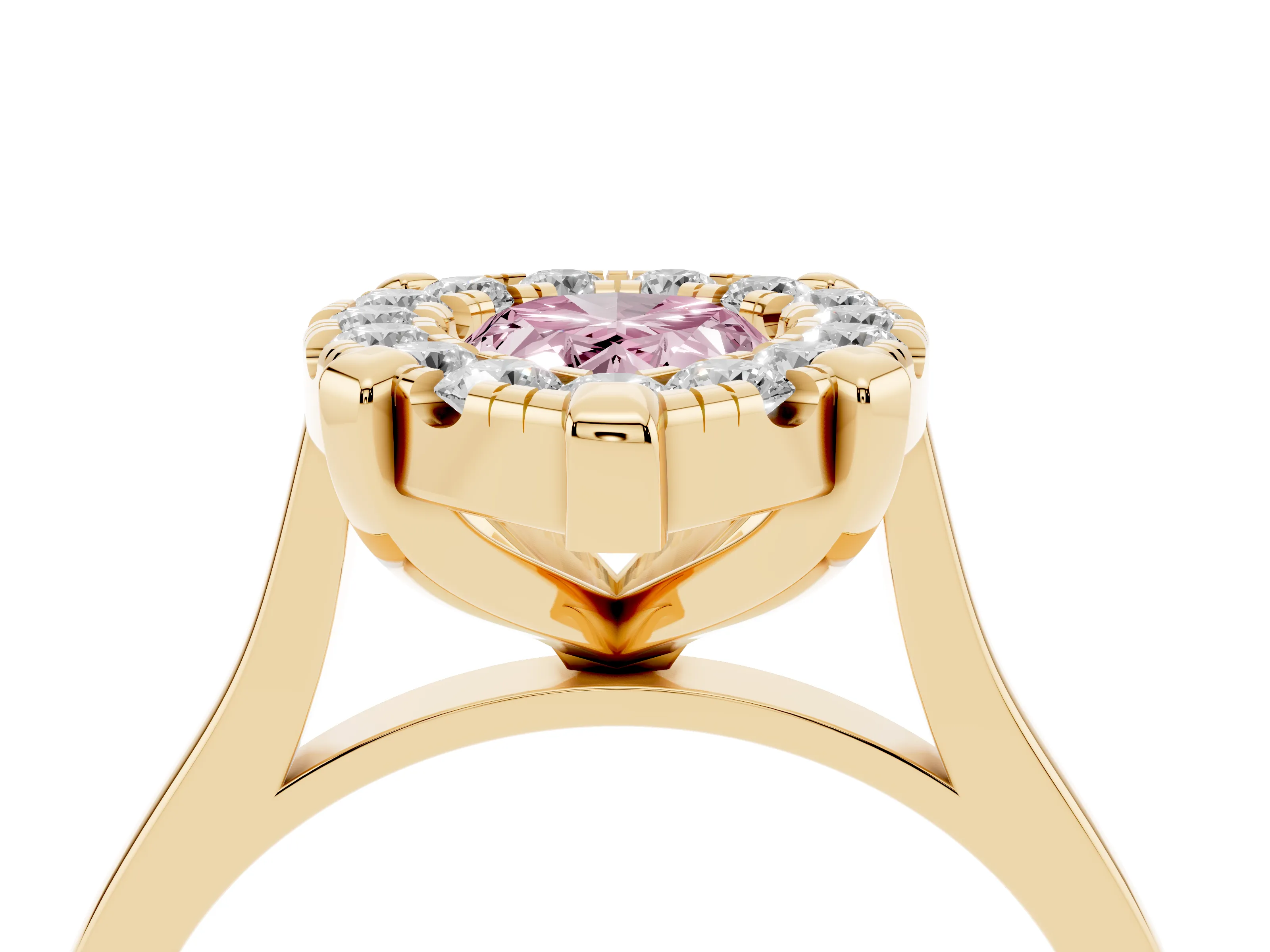 Fancy Pink Pear Cut Diamond Cluster Halo Solitaire Ring Set in Yellow gold with Prong Setting