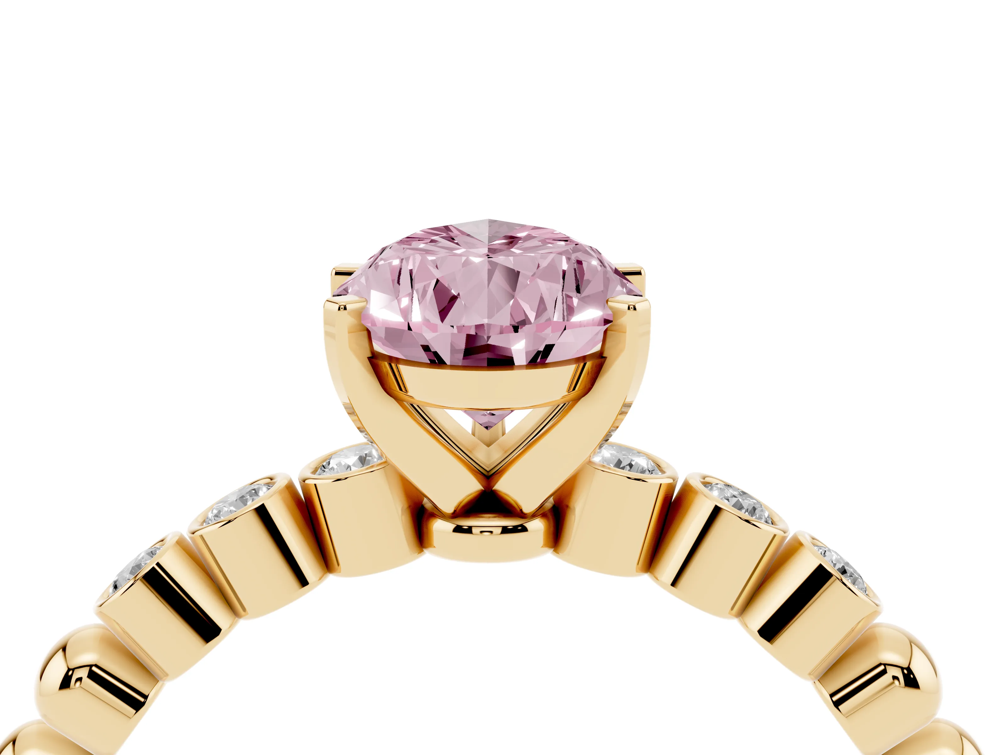 Fancy Pink Pear Cut Diamond Solitaire Engagement Ring Set in Yellow gold with Bezel Accents on Beaded Band