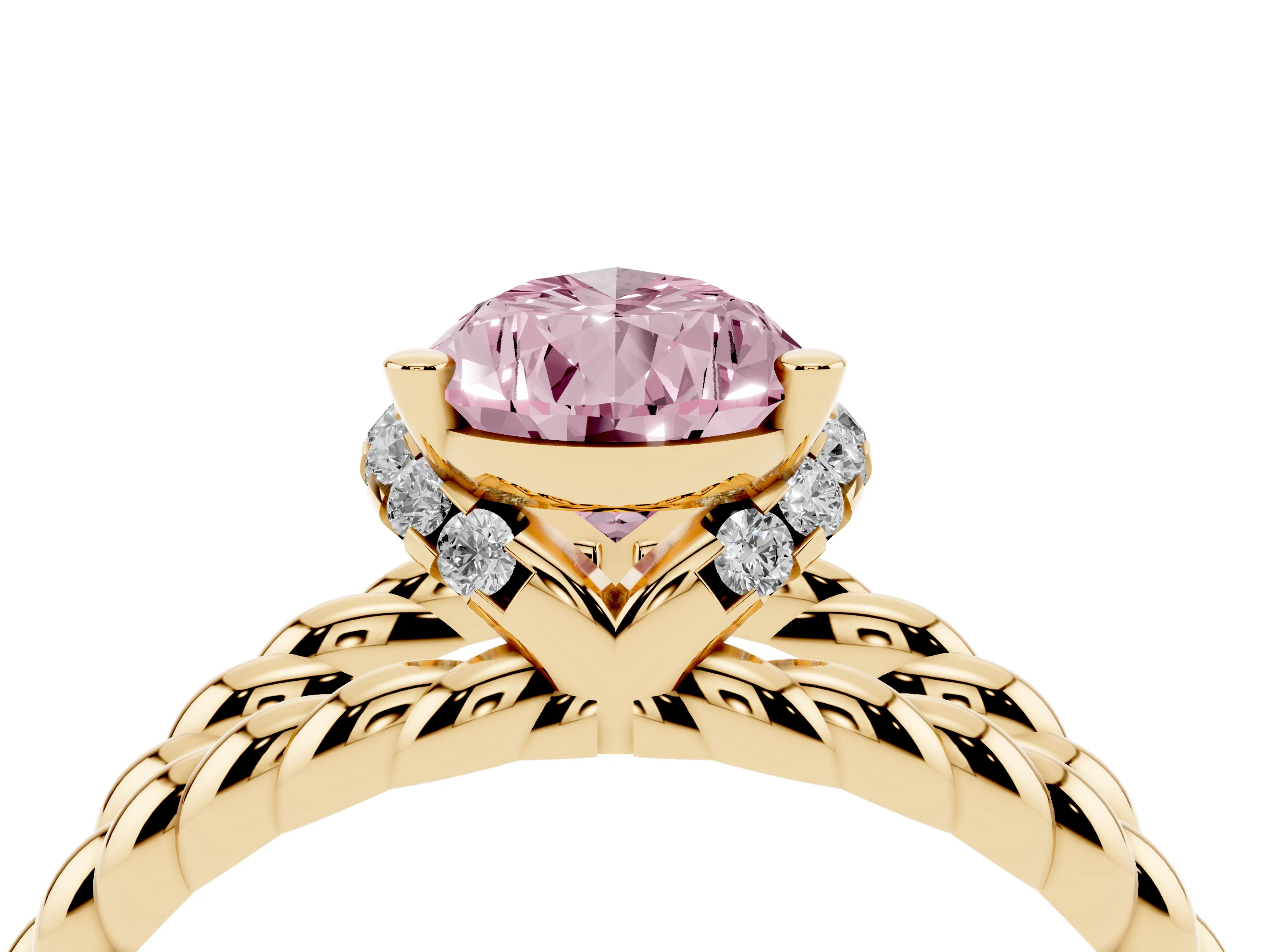Fancy Pink Pear Cut Diamond Halo Ring Set in Yellow gold with Twisted Band and Prong Setting