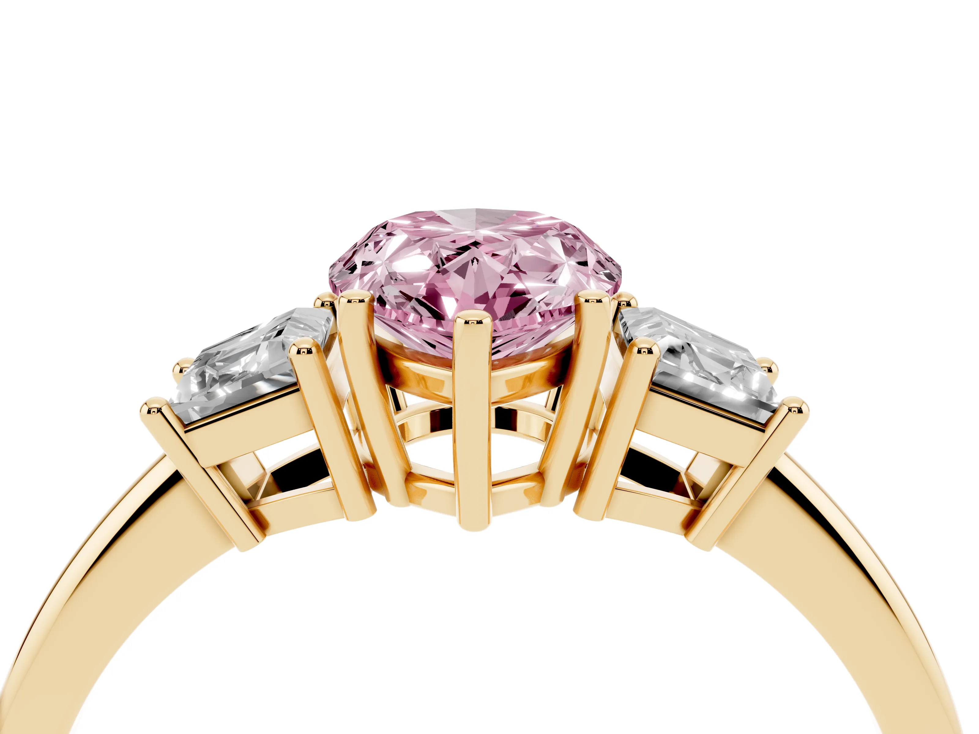 Fancy Pink Pear Cut Diamond Three-Stone Ring Set in Yellow gold with Trapezoid Side Stones and Prong Setting