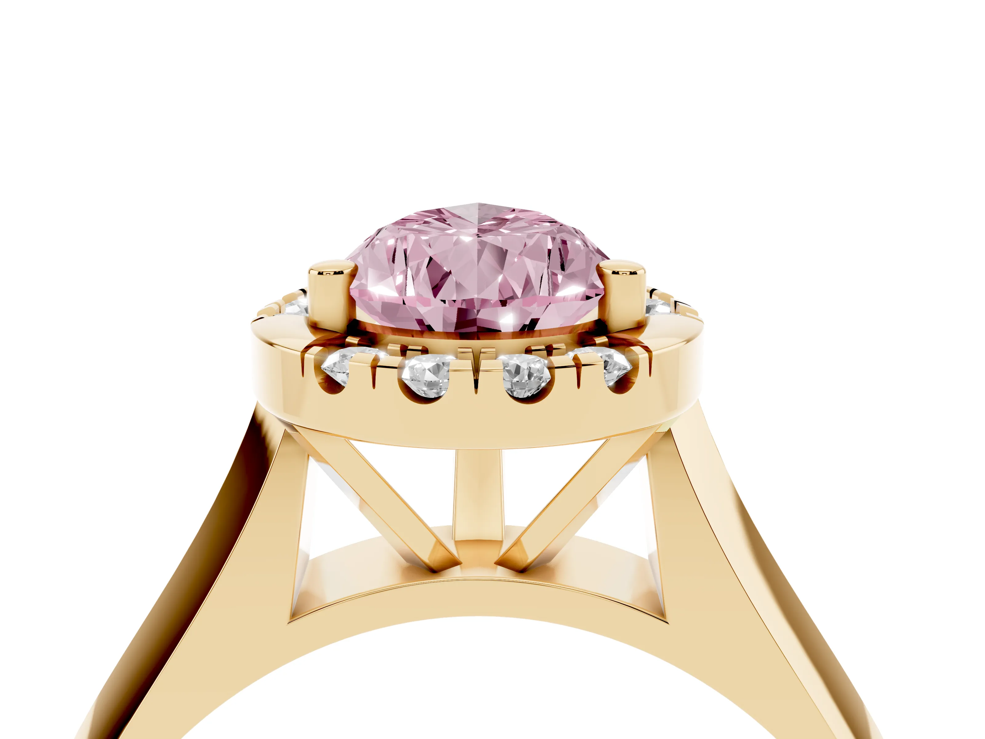 Fancy Pink Pear Cut Diamond Halo Solitaire Engagement Ring Set in Yellow gold with Square Band and Prong Setting