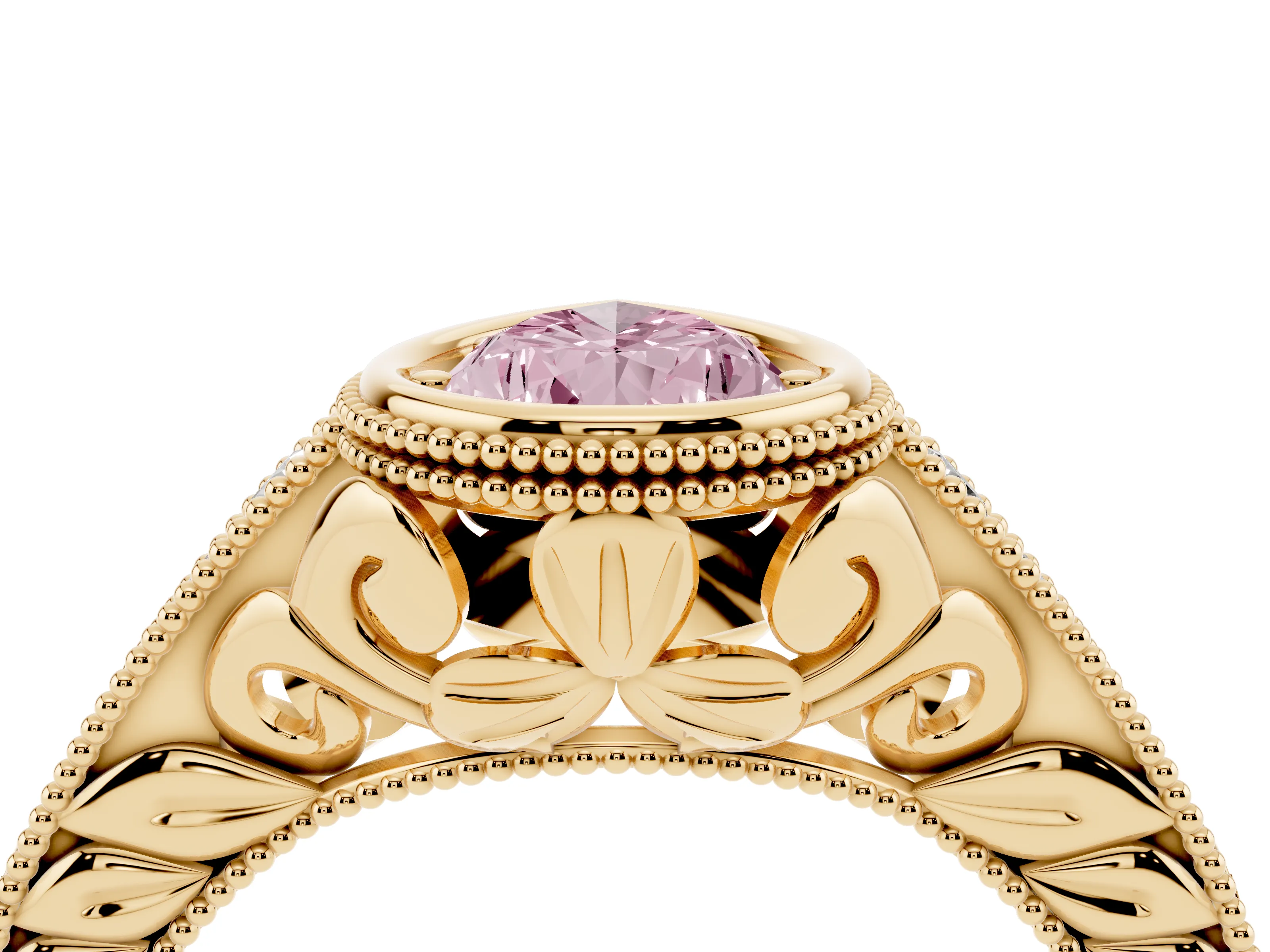 Fancy Pink Bezel Set Pear Cut Diamond Milgrain Pavé Engagement Ring Set in Yellow gold
