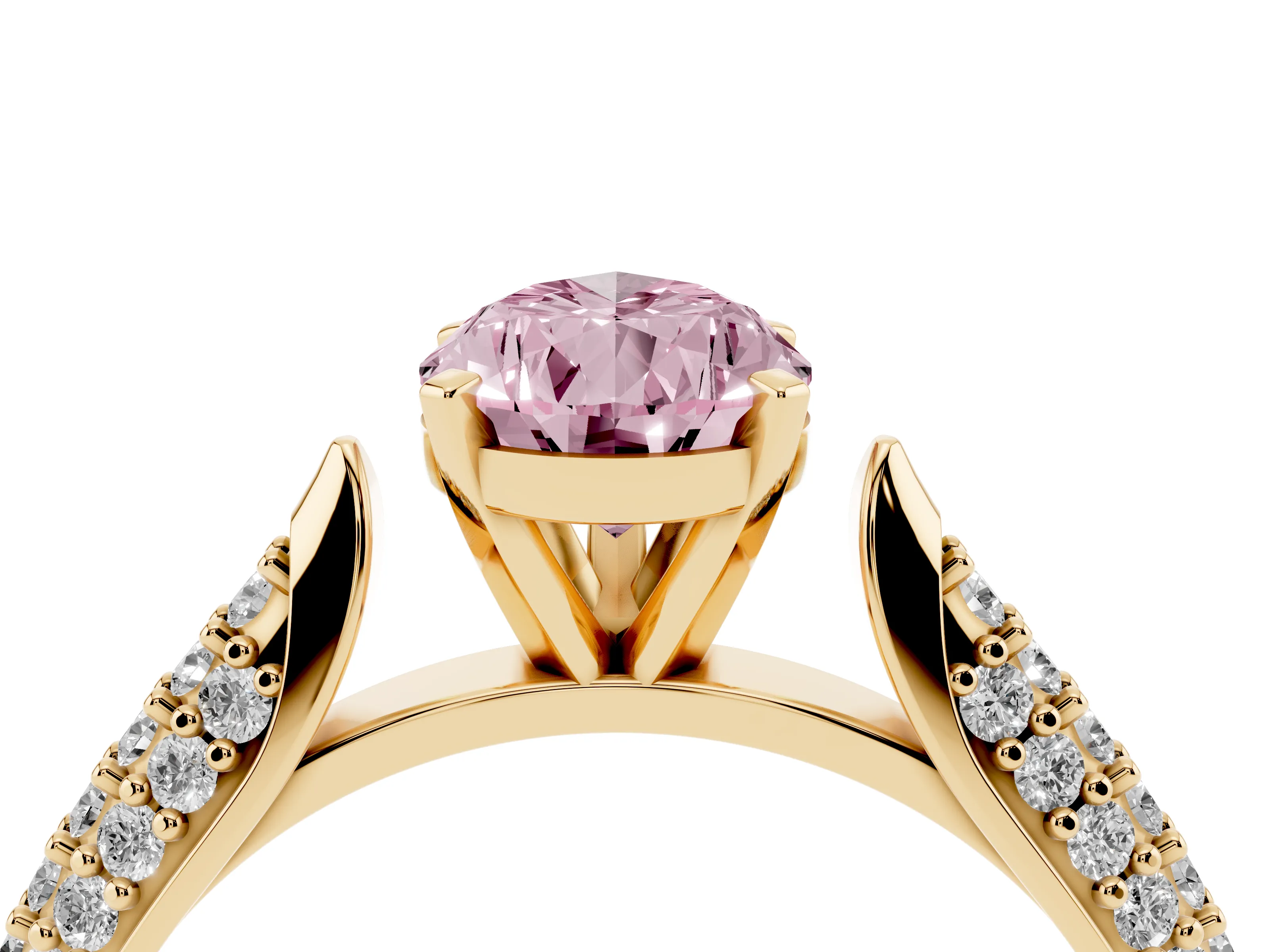 Fancy Pink Pear Cut Diamond Solitaire Engagement Ring Set in Yellow gold with Multi-Row Round Pavé Band and Prong Setting