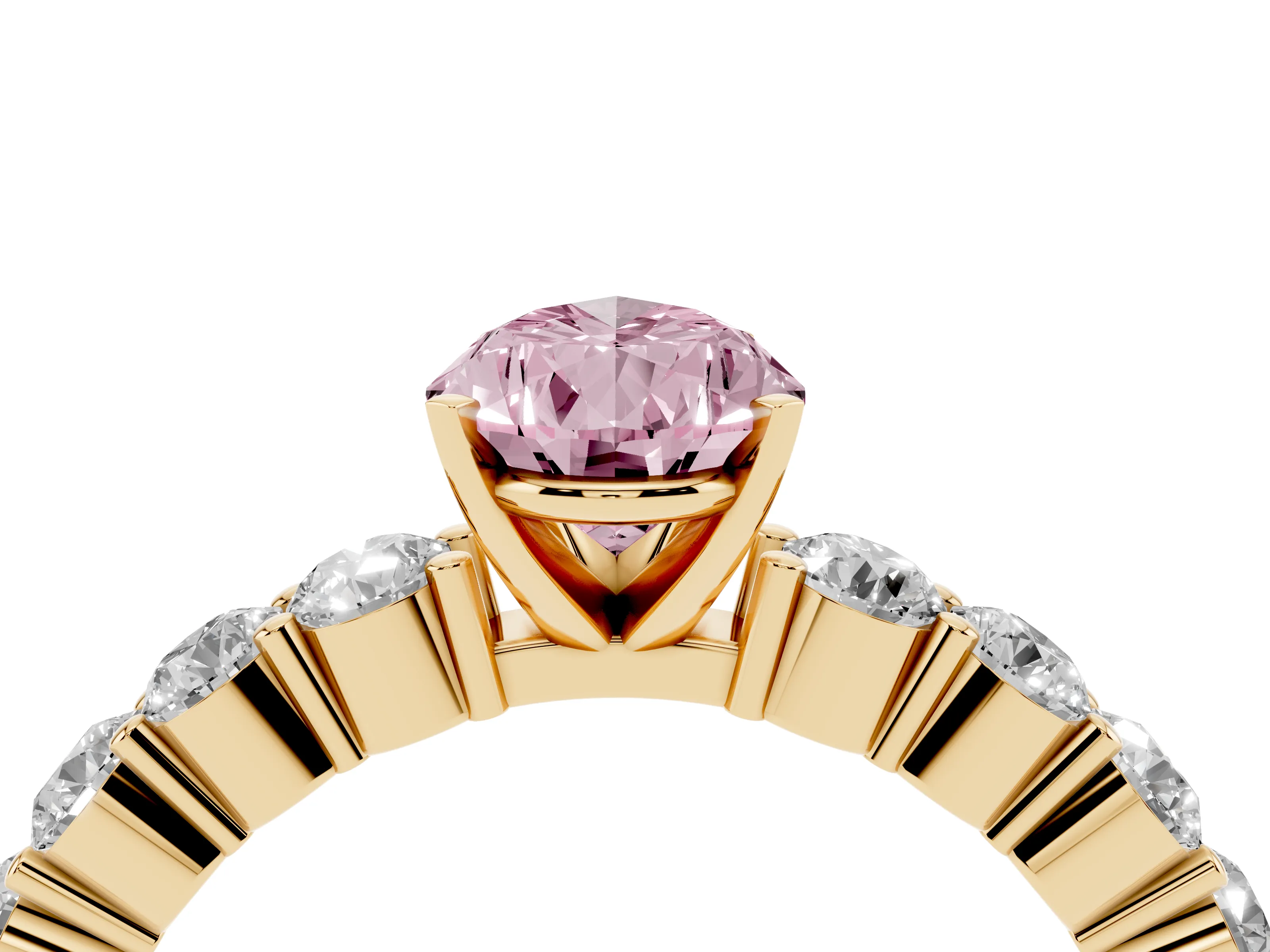 Fancy Pink Pear Cut Diamond Solitaire Ring Set in Yellow gold with Shared Prong Round Side Stones