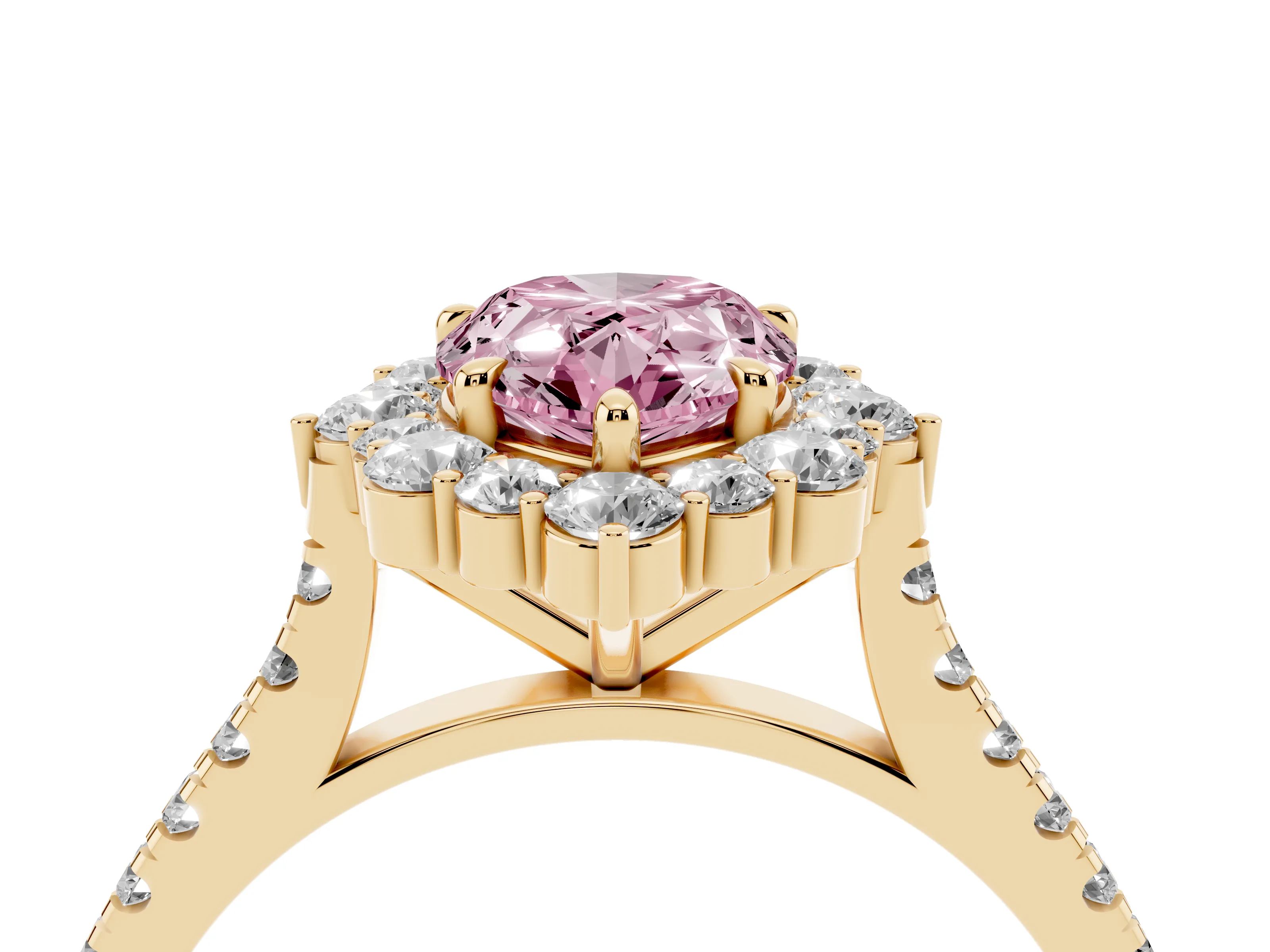 Fancy Pink Pear Cut Diamond Halo Ring Set in Yellow gold with Pavé Band and Prong Setting