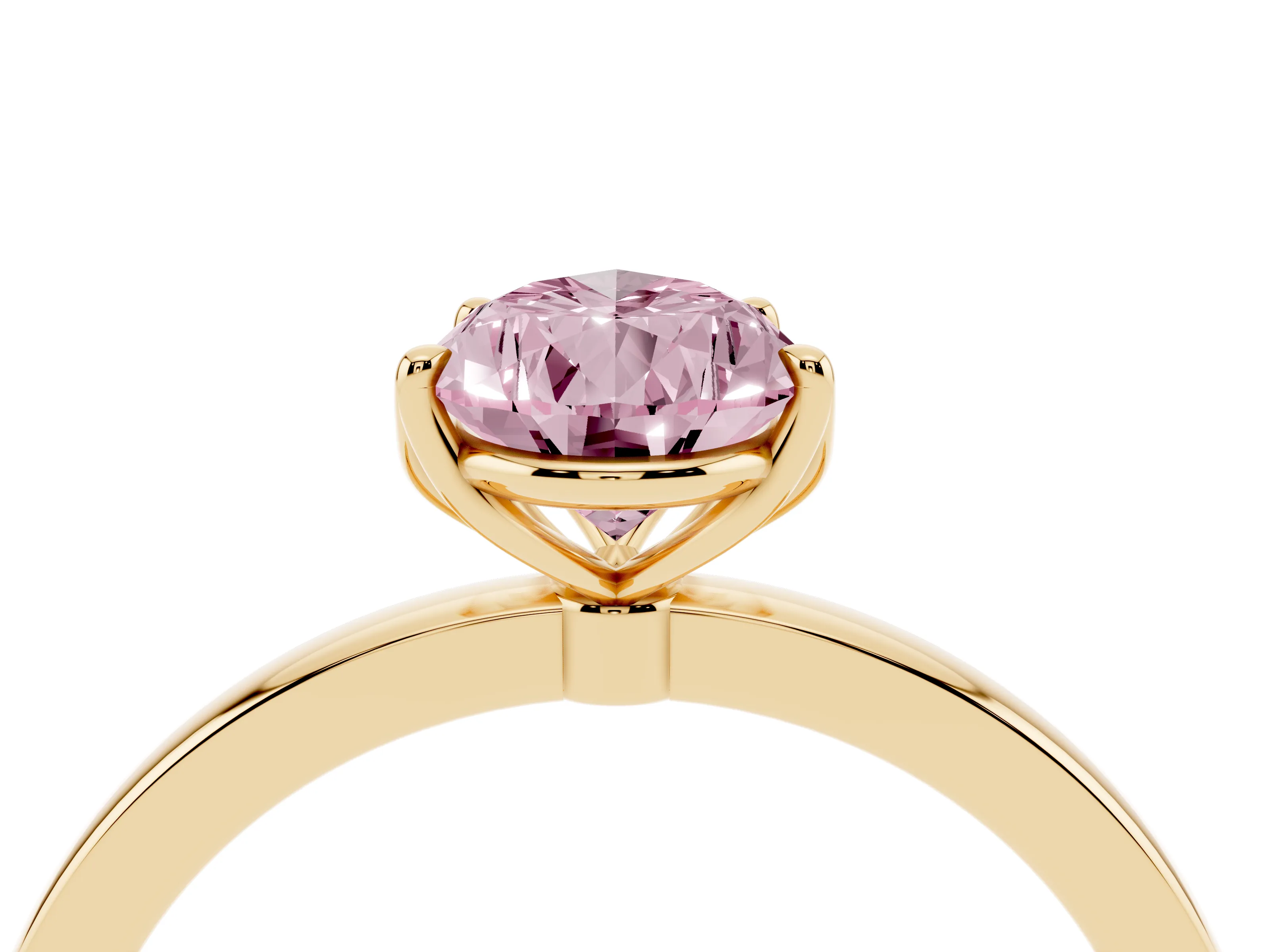Fancy Pink Pear Cut Diamond Solitaire Ring Set in Yellow gold with Prong Setting and Thin Polished Band