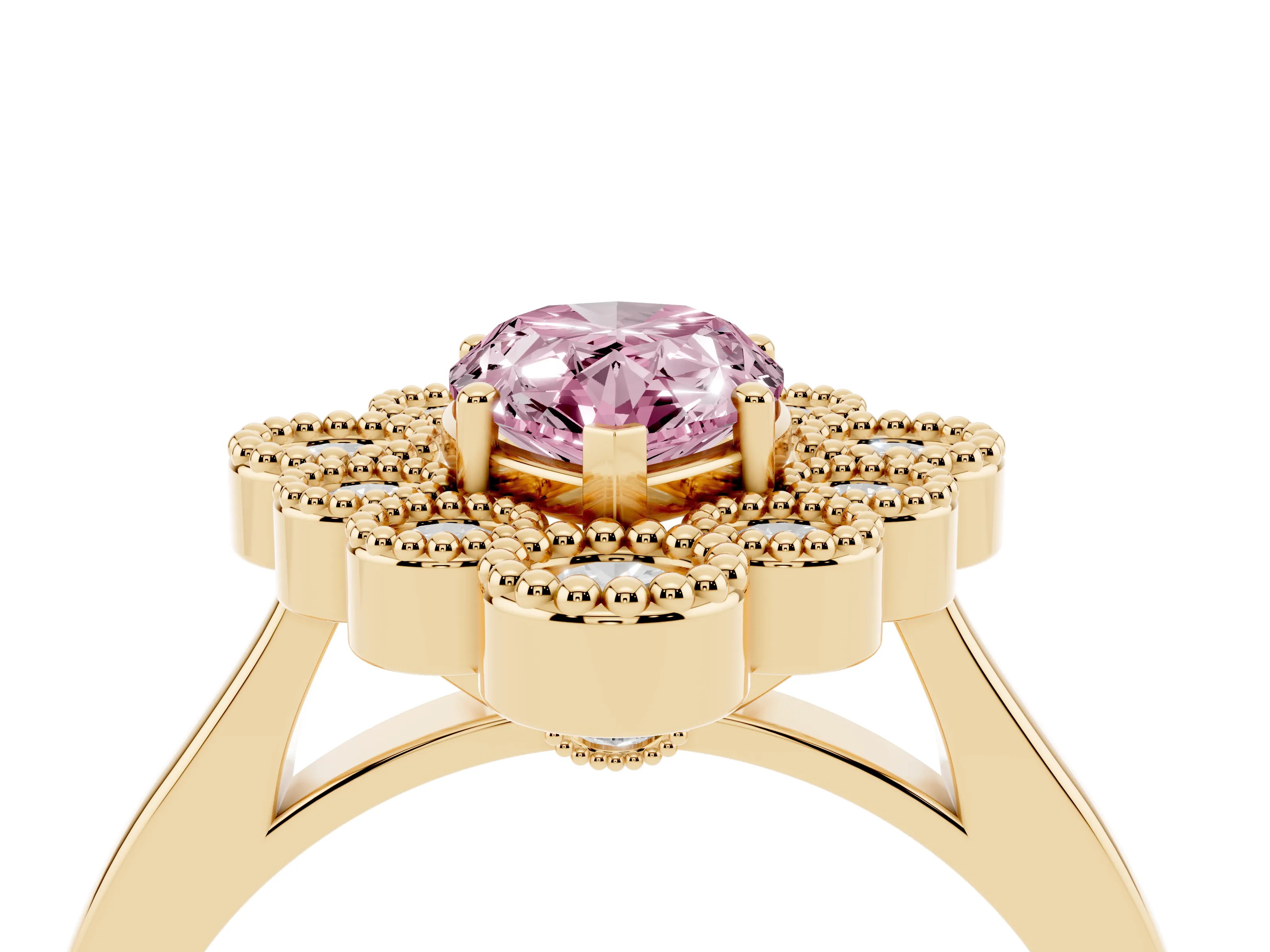 Fancy Pink Pear Cut Diamond Cluster Halo Ring Set in Yellow gold with Milgrain Bezel Accents and Plain Band