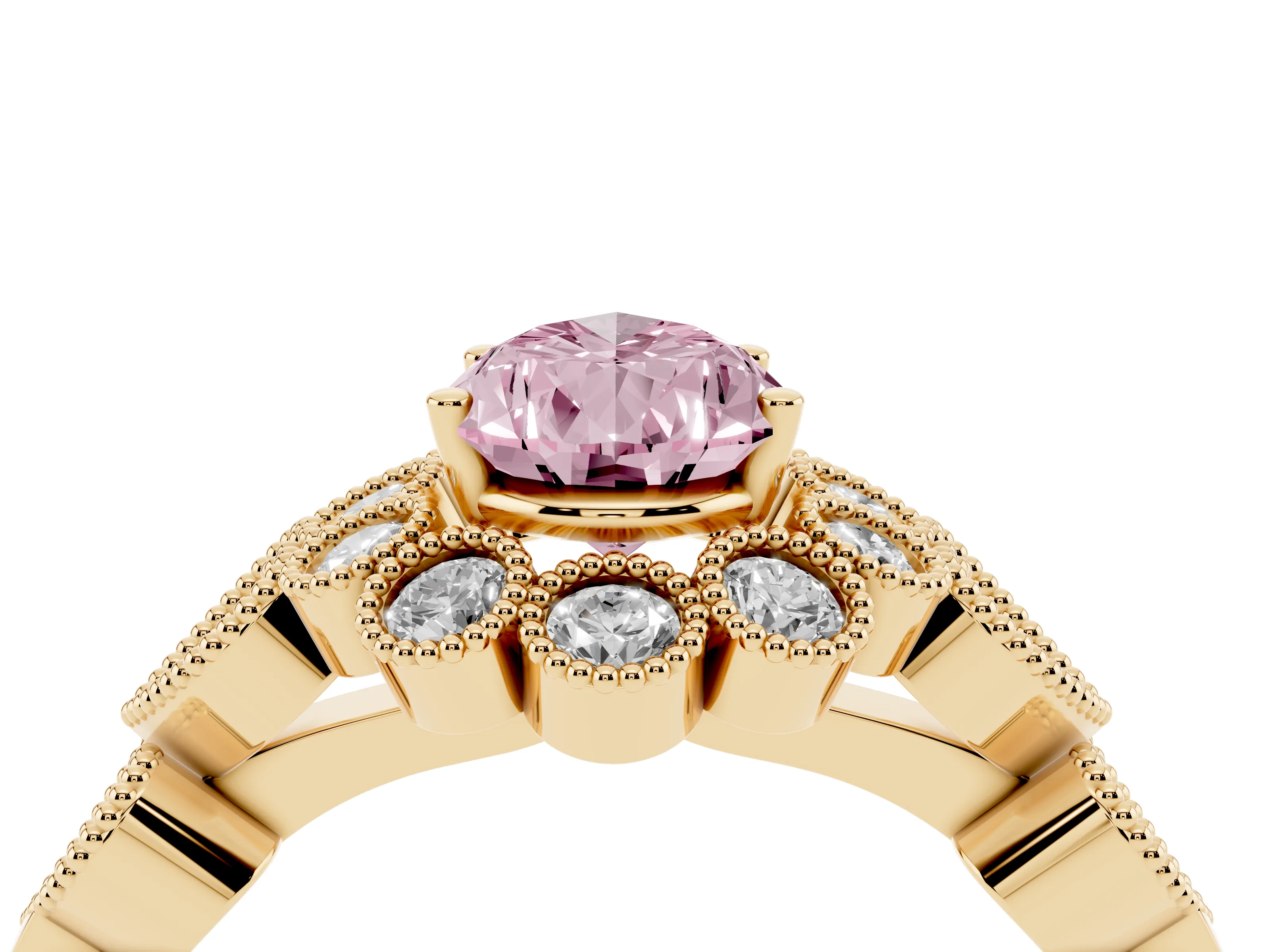 Fancy Pink Pear Cut Diamond Solitaire Ring Set in Yellow gold with Milgrain Pavé Heart Band