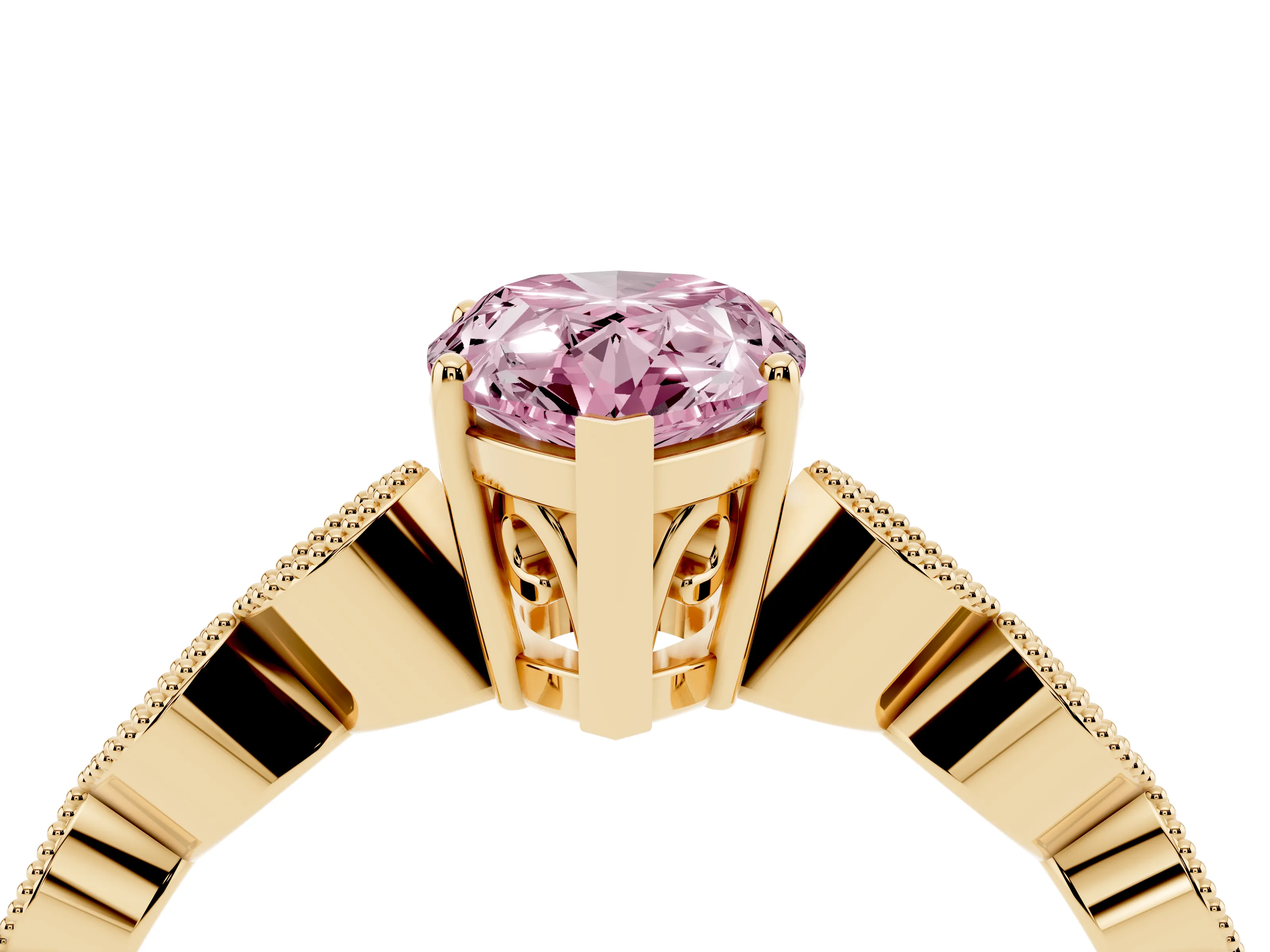 Fancy Pink Pear Cut Diamond Solitaire Ring Set in Yellow gold with Infinity Twist Pavé Band