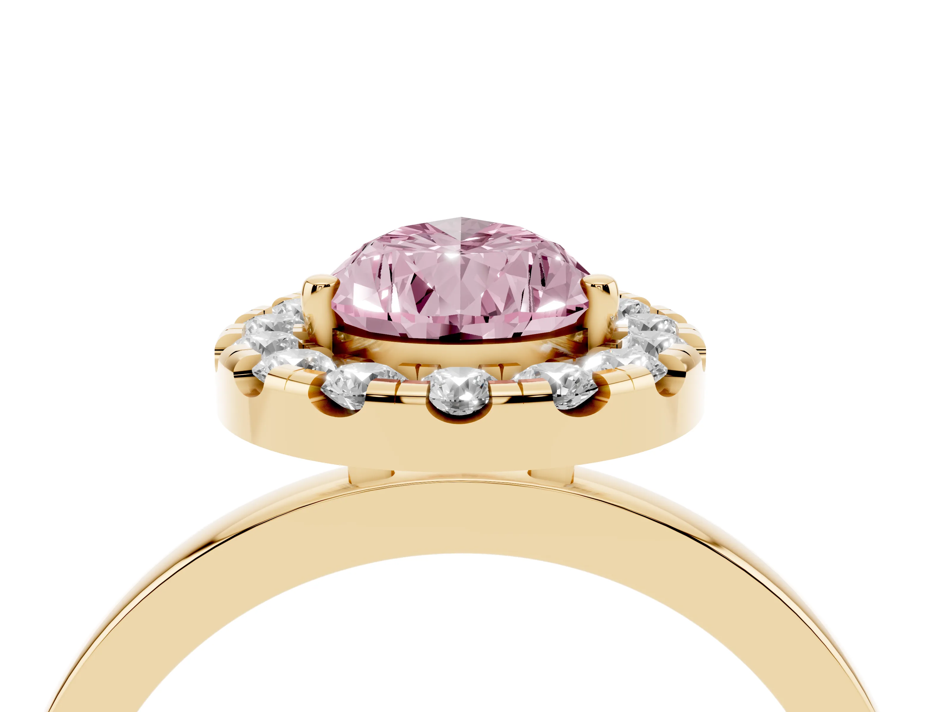 Fancy Pink Pear Cut Diamond Halo Solitaire Ring Set in Yellow gold with Pavé Band and Prong Setting
