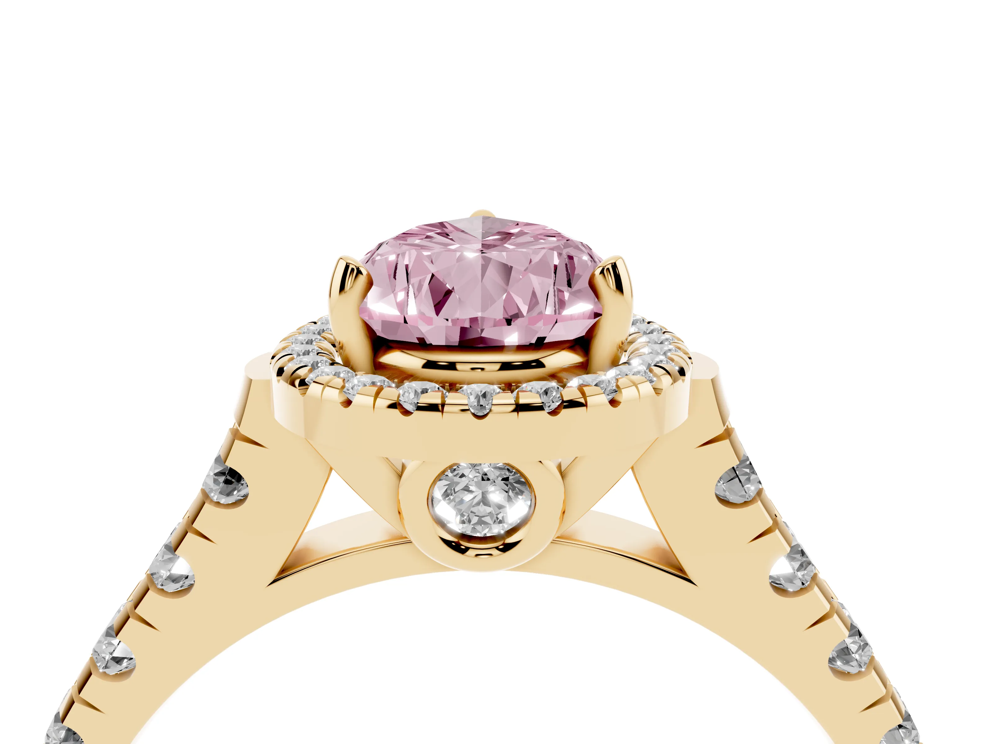 Fancy Pink Pear Cut Diamond Halo Engagement Ring Set in Yellow gold with Pavé Band and Prong-Set Center