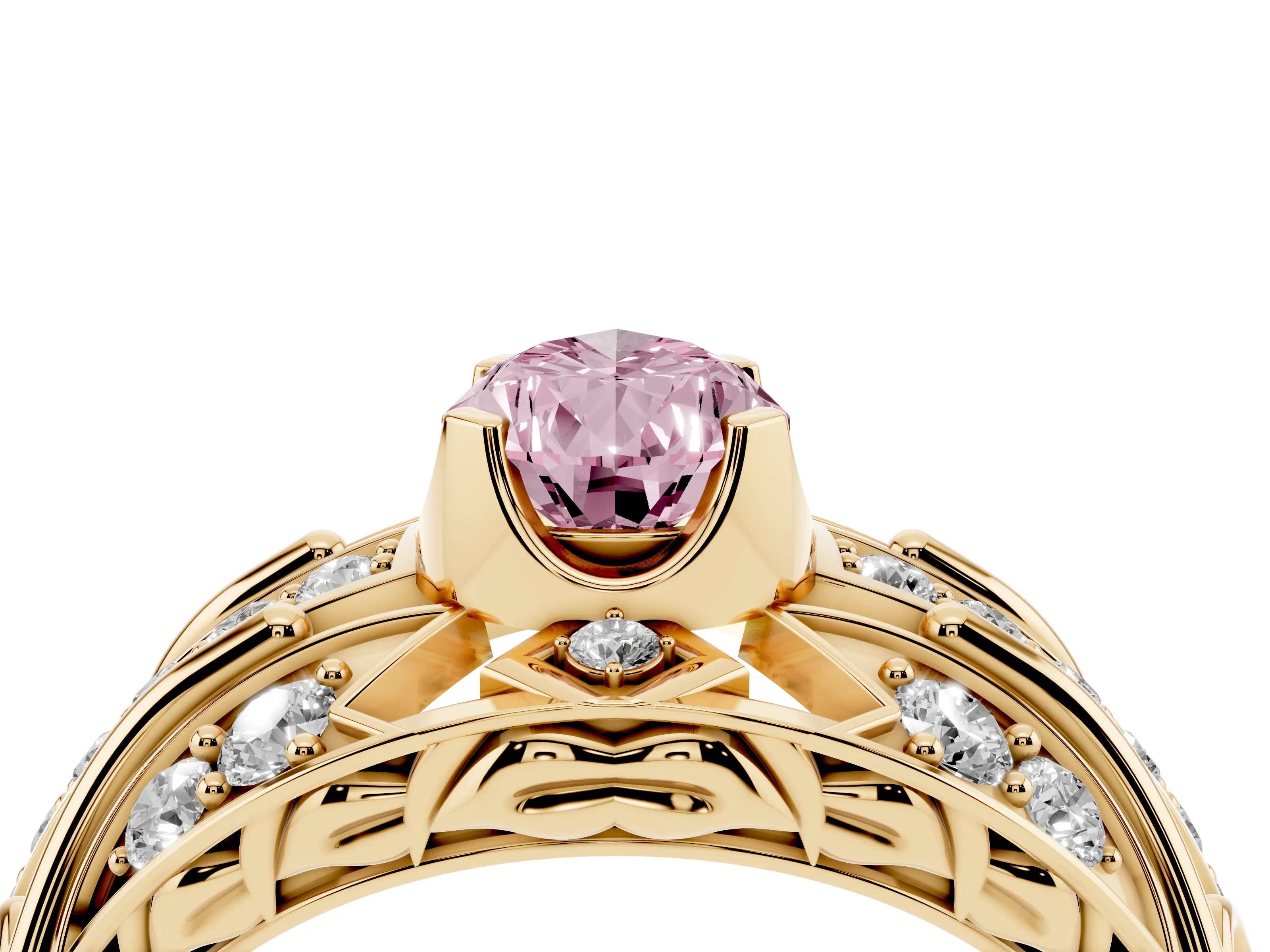 Fancy Pink Pear Cut Diamond Art Deco Ring Set in Yellow gold with Pavé Split Shank