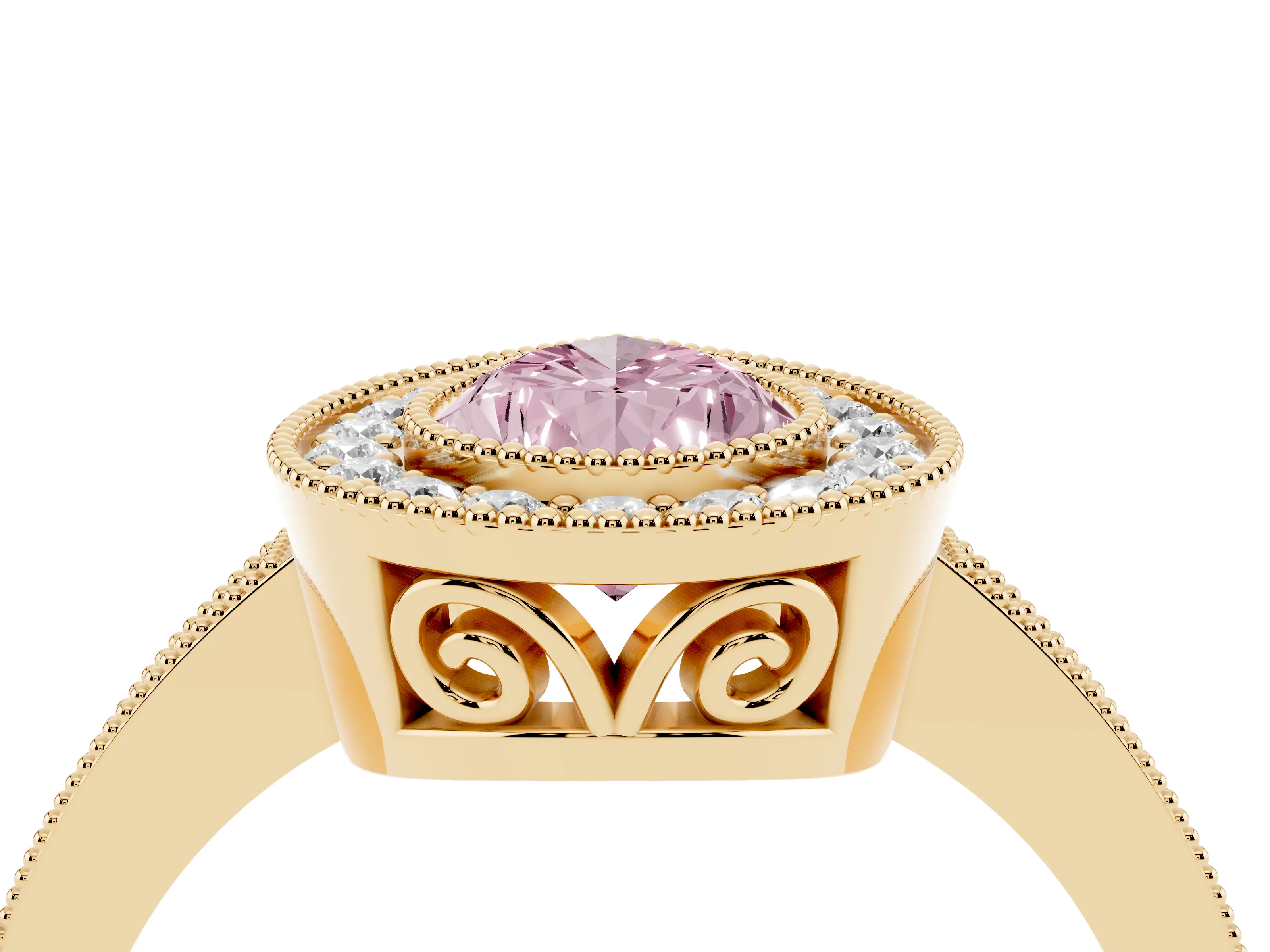 Fancy Pink Pear Cut Diamond Halo Ring Set in Yellow gold with Pavé Band and Milgrain-Edged Prongs