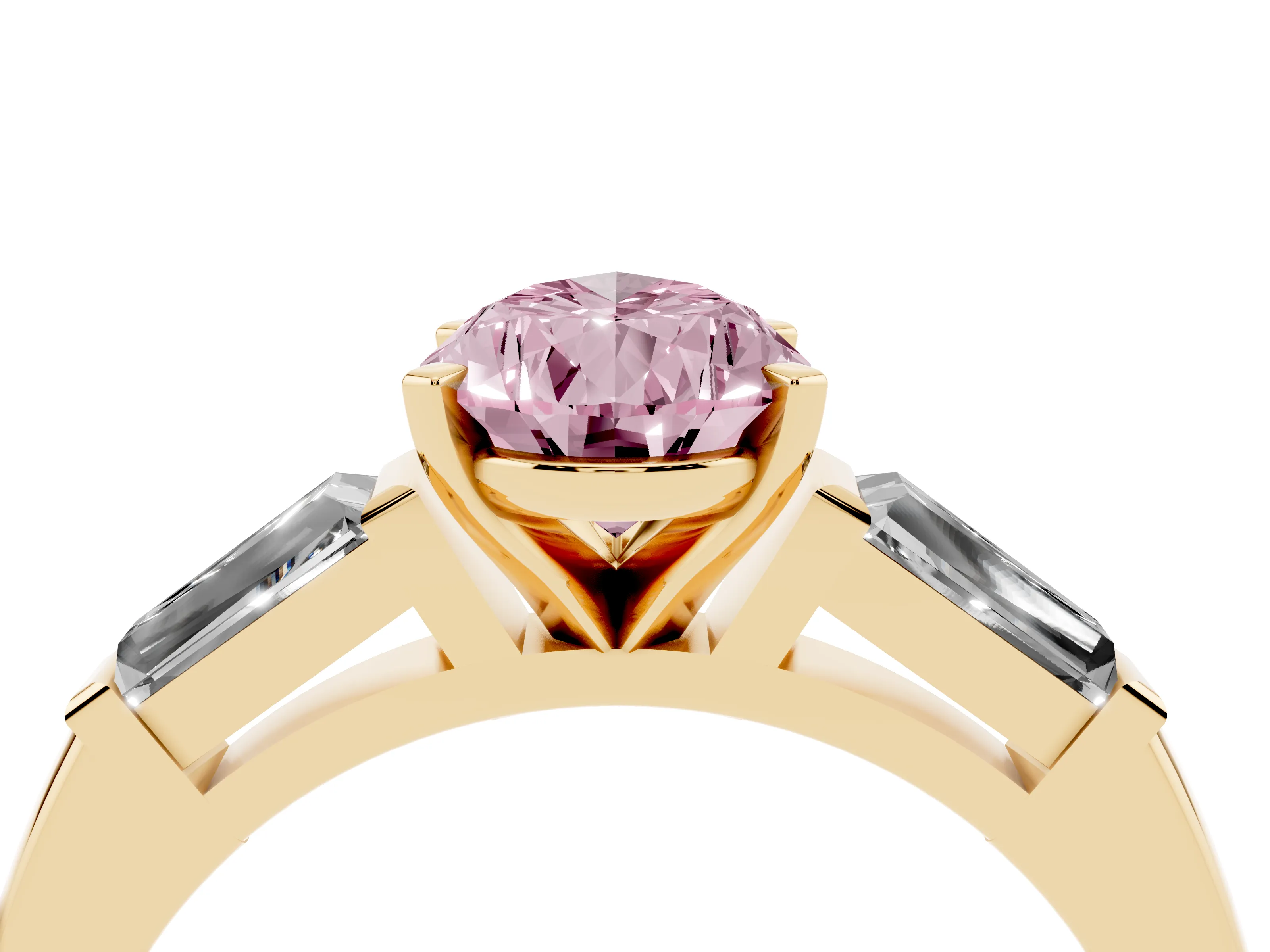 Fancy Pink Pear Cut Diamond Solitaire Ring Set in Yellow gold with Tapered Baguette Side Stones and Prong Setting
