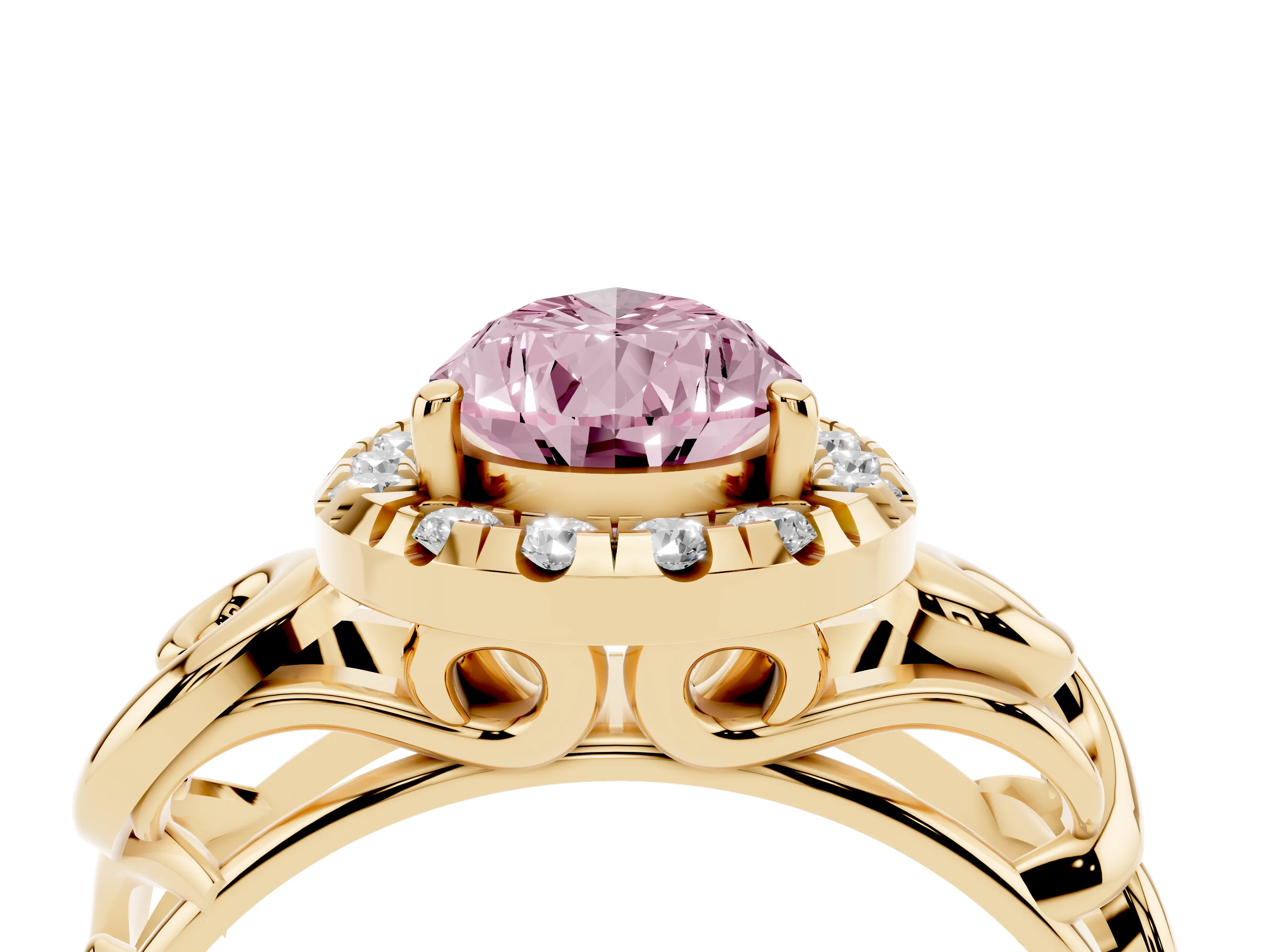 Fancy Pink Pear Cut Diamond Halo Ring Set in Yellow gold with Scrollwork Band and Prong Setting