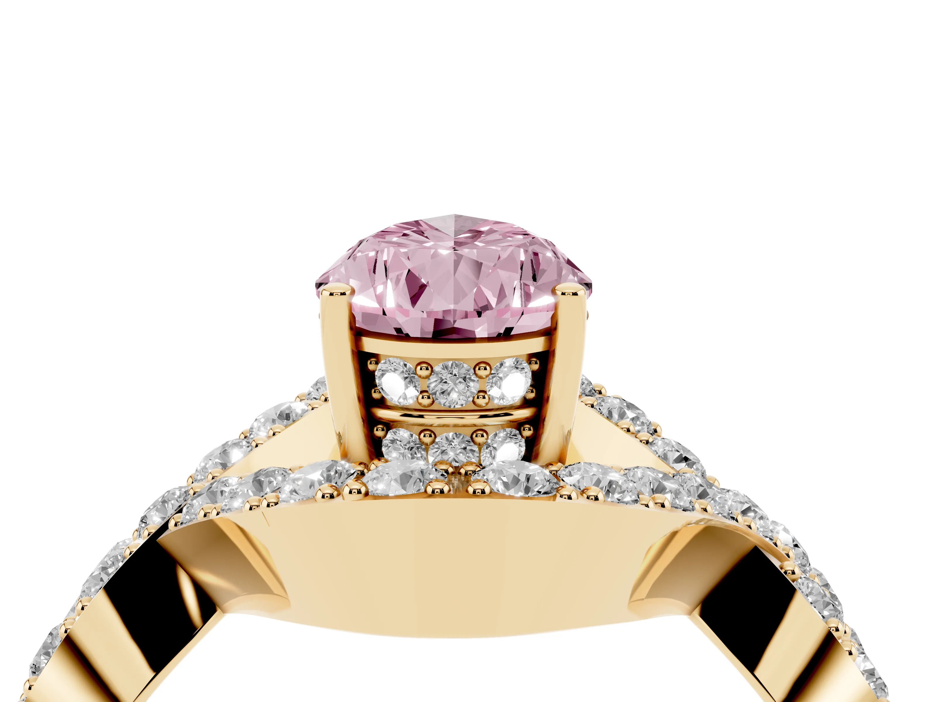 Fancy Pink Pear Cut Diamond Solitaire Twist Band Pavé Engagement Ring Set in Yellow gold