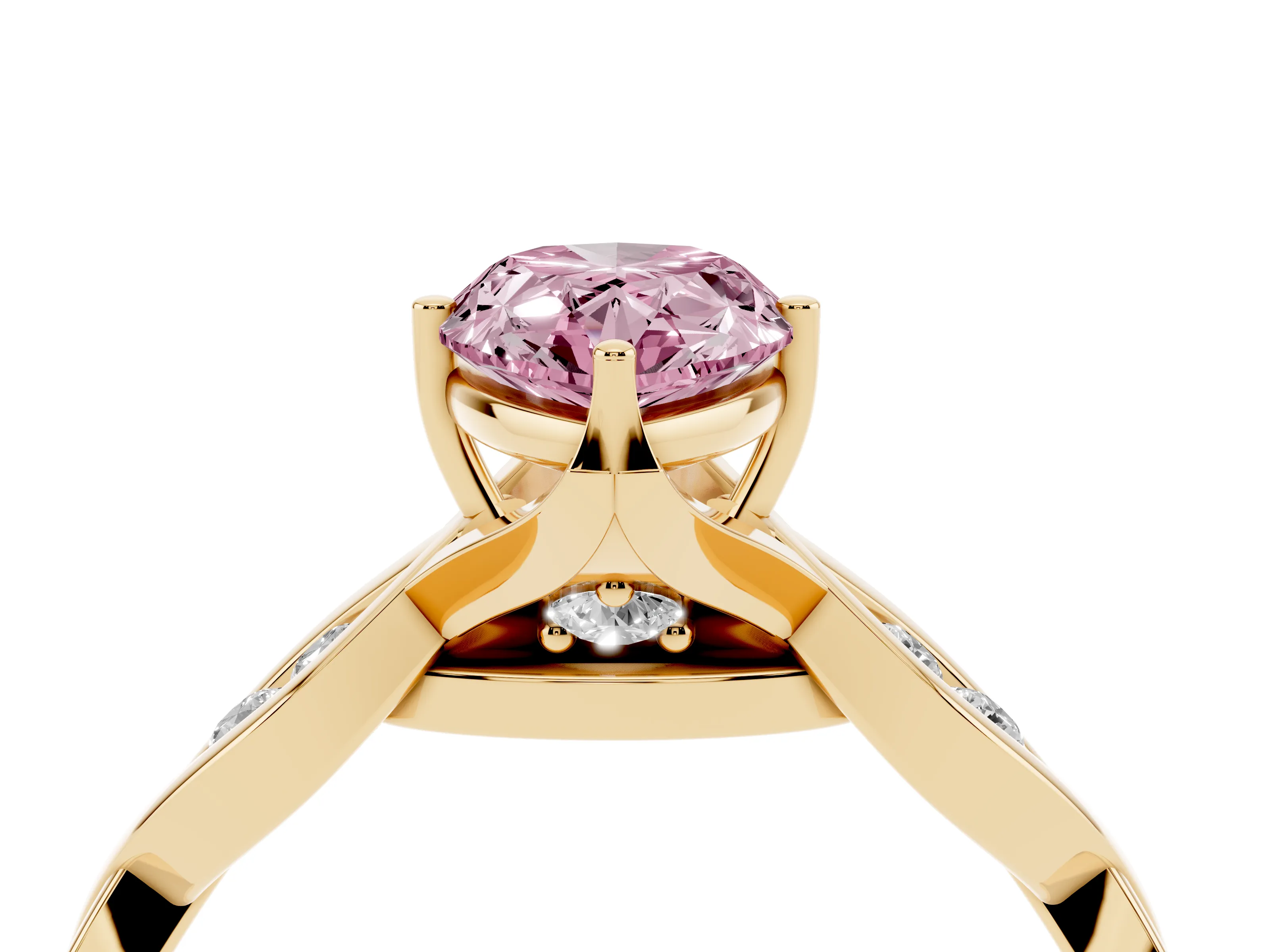 Fancy Pink Pear Cut Diamond Twist Band Solitaire Ring Set in Yellow gold with Leaf Prong Setting and Accent Stones
