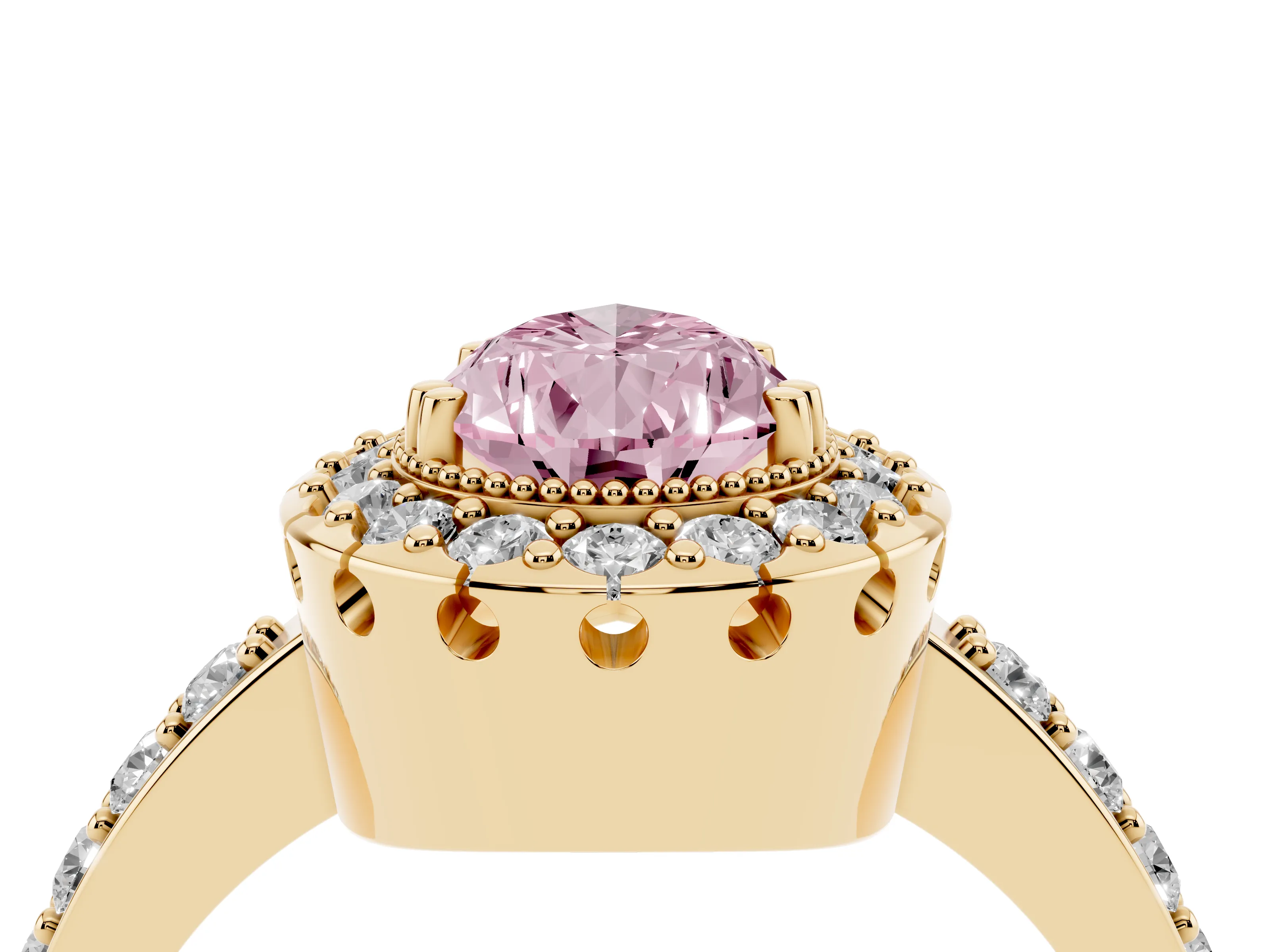 Fancy Pink Pear Cut Diamond Halo Ring Set in Yellow gold with Pavé Shank and Prong Setting