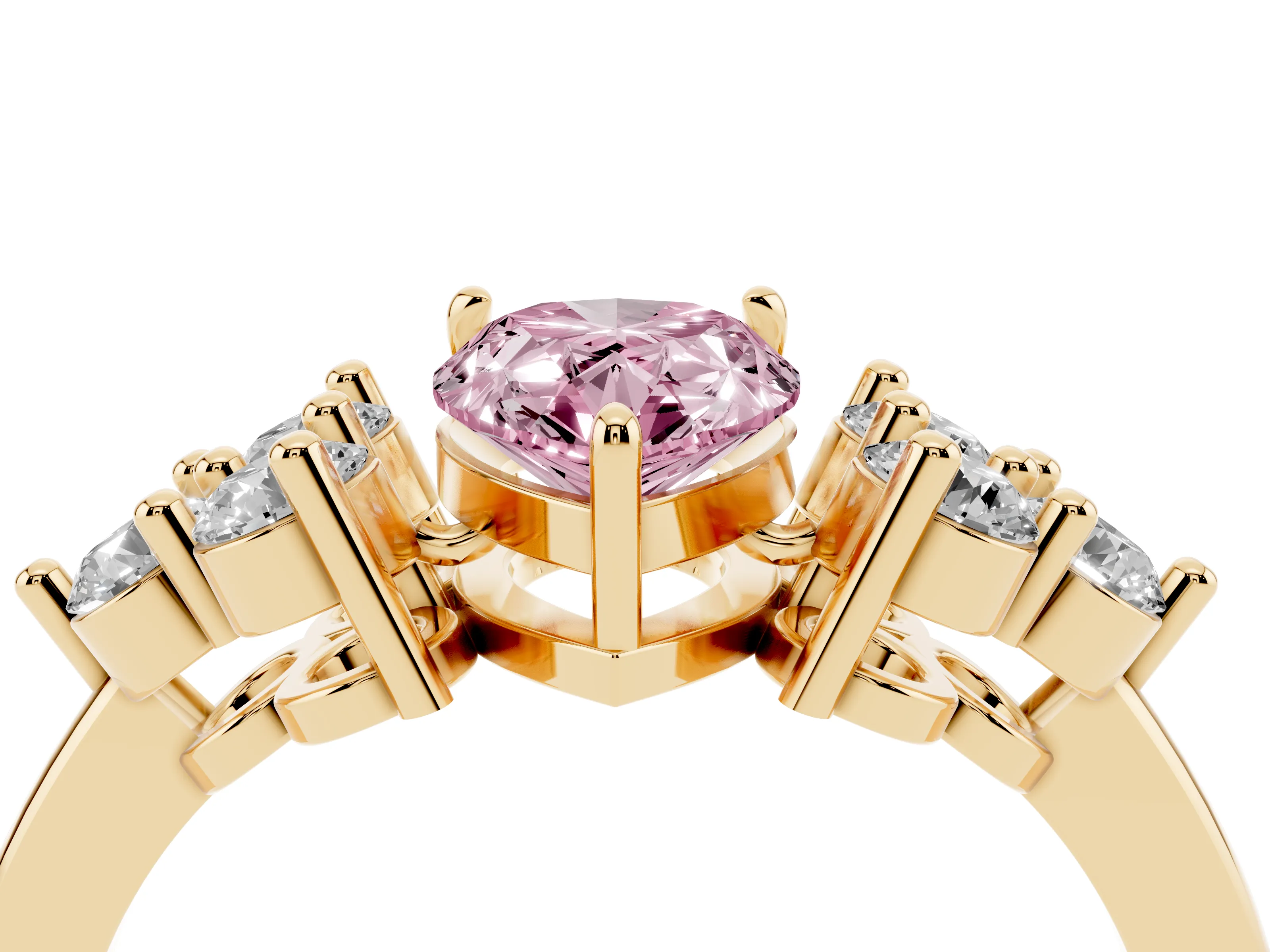 Fancy Pink Pear Cut Diamond Solitaire Ring Set in Yellow gold with Cluster Accents on Each Side