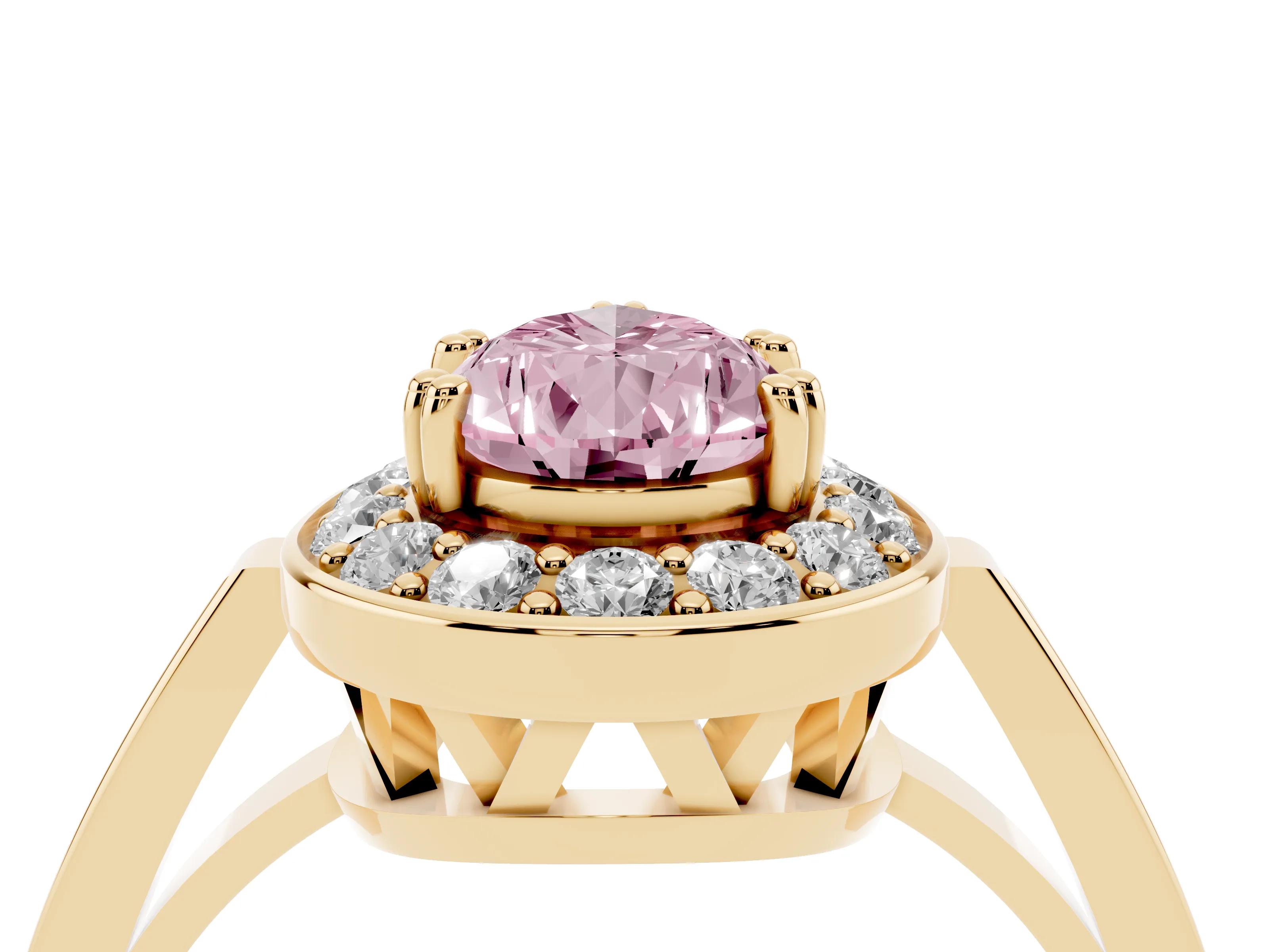 Fancy Pink Pear Cut Diamond Halo Ring Set in Yellow gold with Accent-Lined Split Shank and Prong Setting