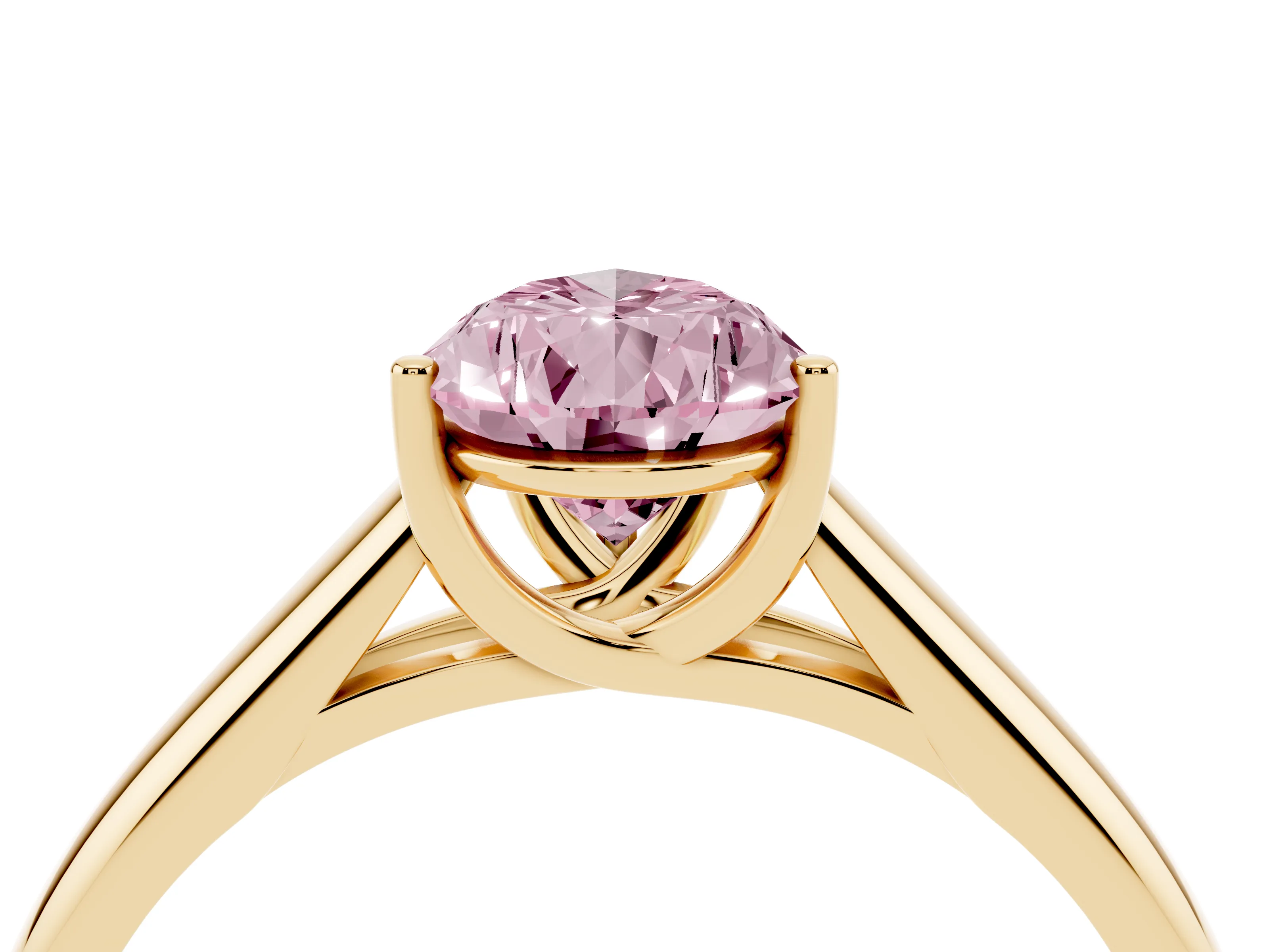 Fancy Pink Pear Cut Diamond Solitaire Engagement Ring Set in Yellow gold with Subtly Tapered Band and Prong Setting