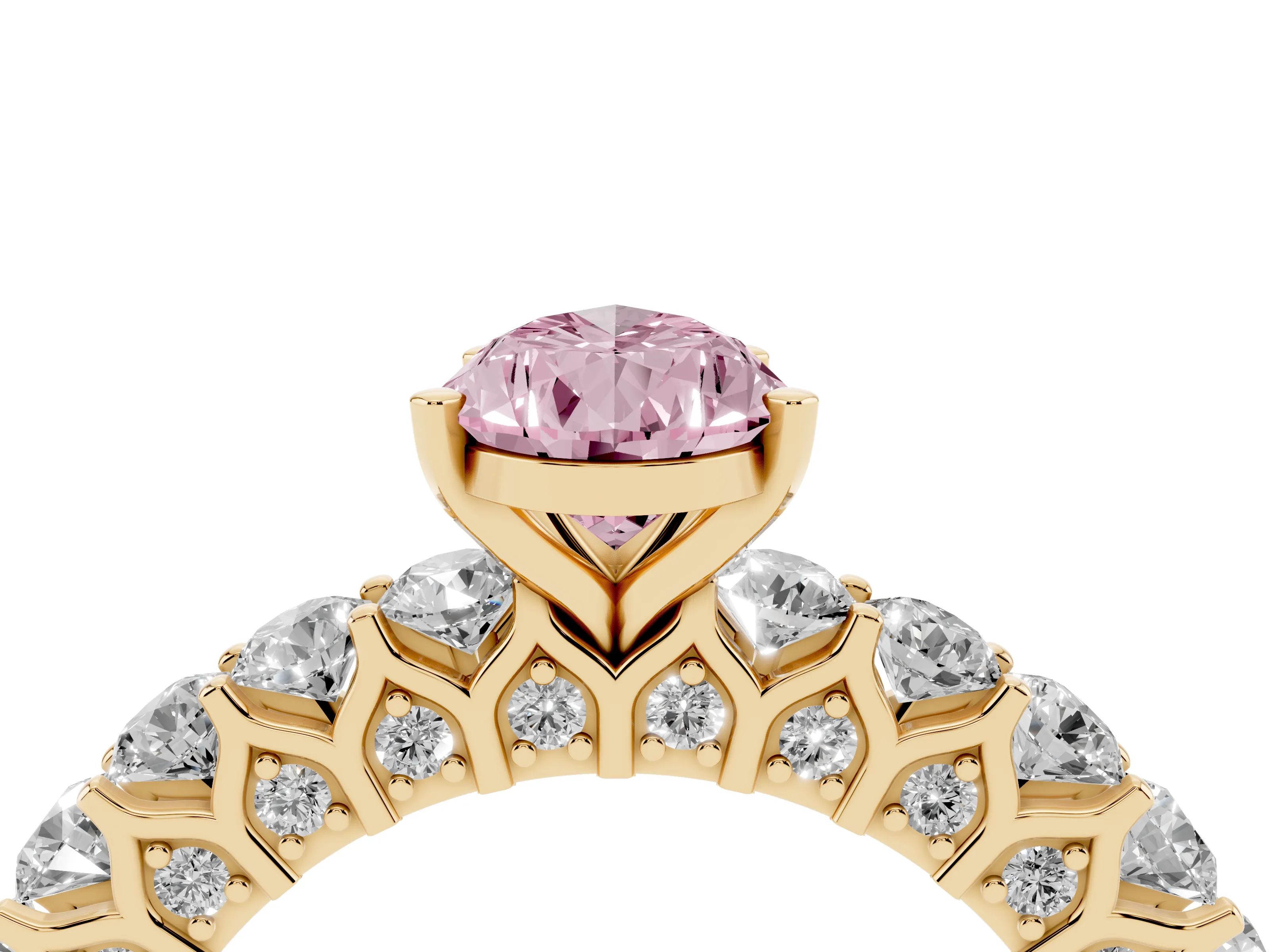 Fancy Pink Pear Cut Diamond Solitaire Ring Set in Yellow gold with Shared Prong Pavé Band