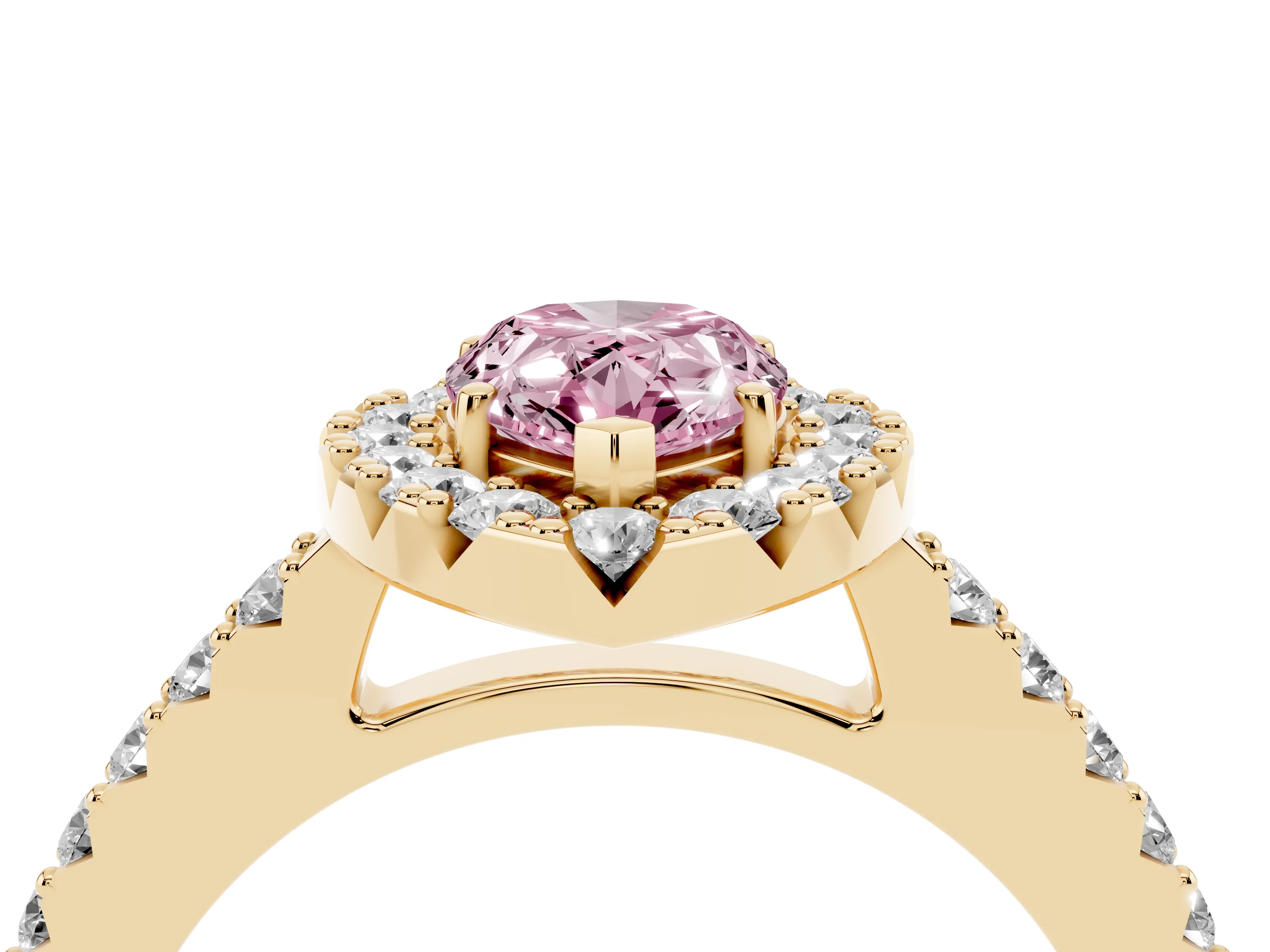 Fancy Pink Pear Cut Diamond Halo Pavé Solitaire Ring Set in Yellow gold with Prong-Set Center Stone