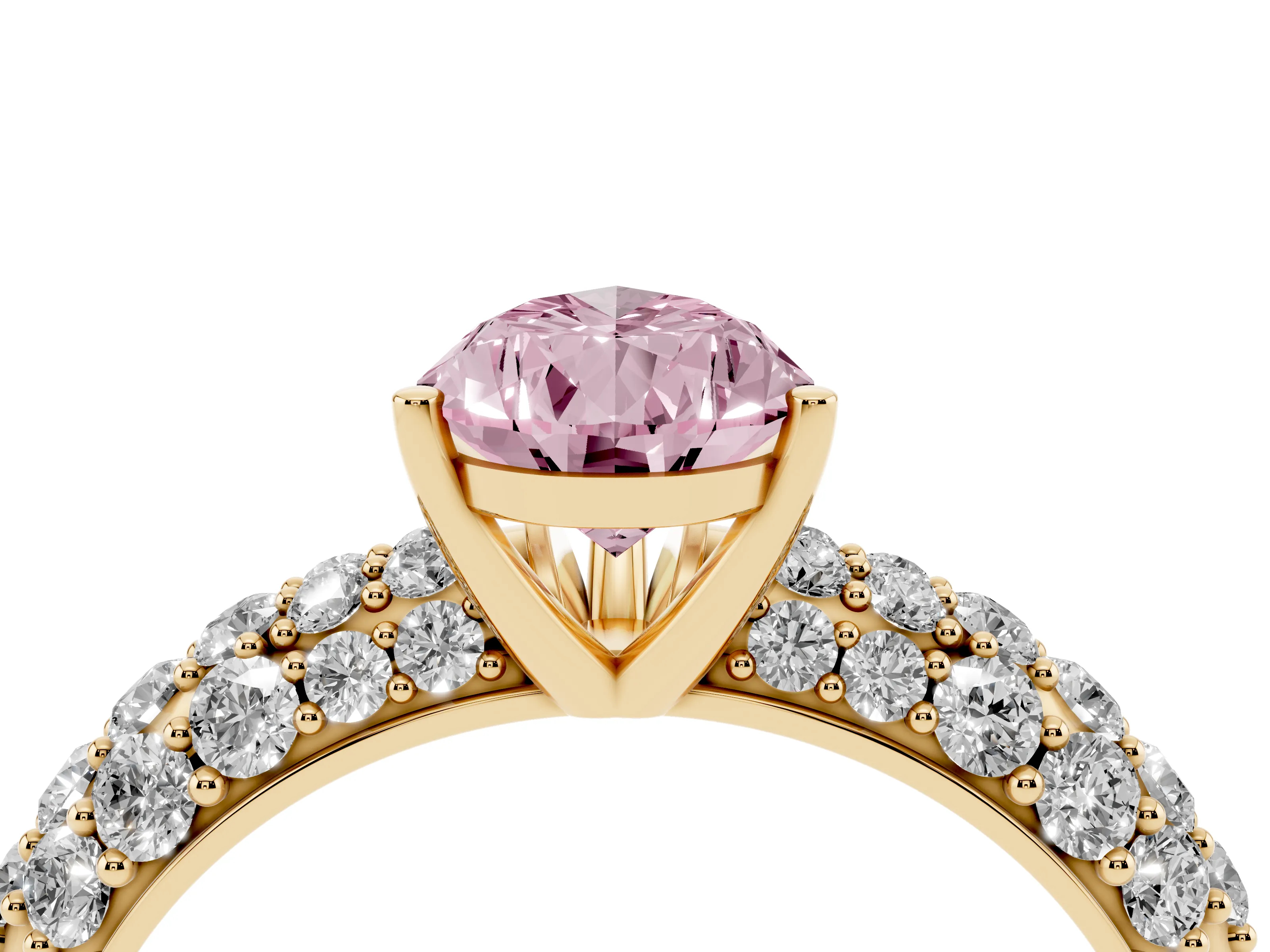 Fancy Pink Pear Cut Diamond Pavé Band Solitaire Ring Set in Yellow gold with Close-Set Accent Stones and Prong Setting