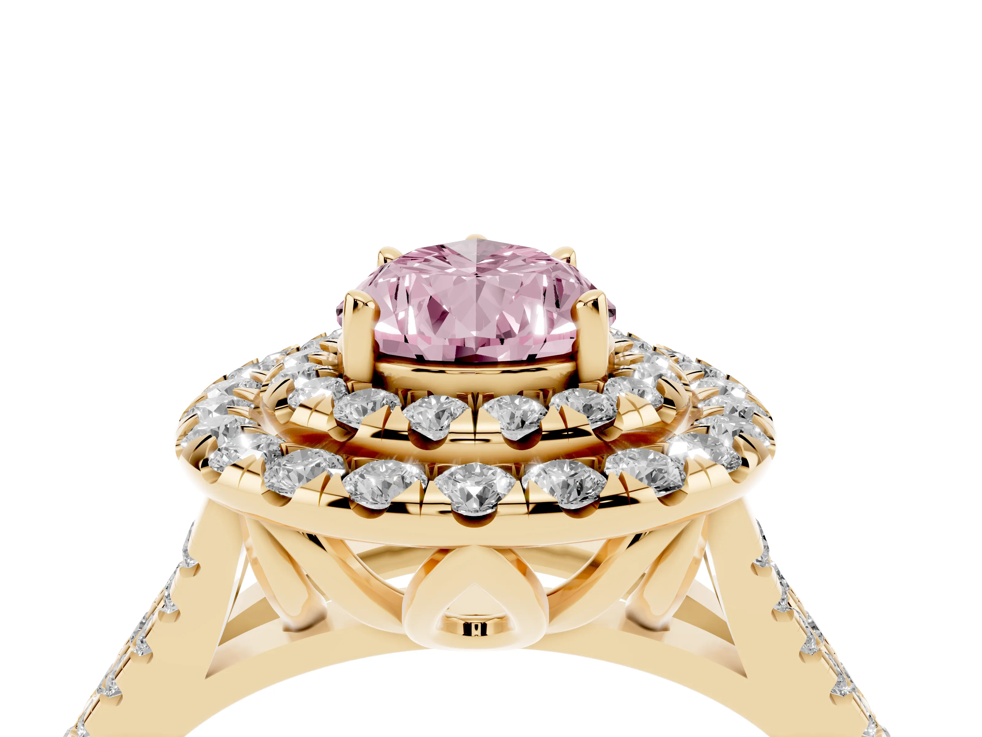 Fancy Pink Pear Cut Diamond Double Halo Ring Set in Yellow gold with Pavé Split Shank and Prong Setting