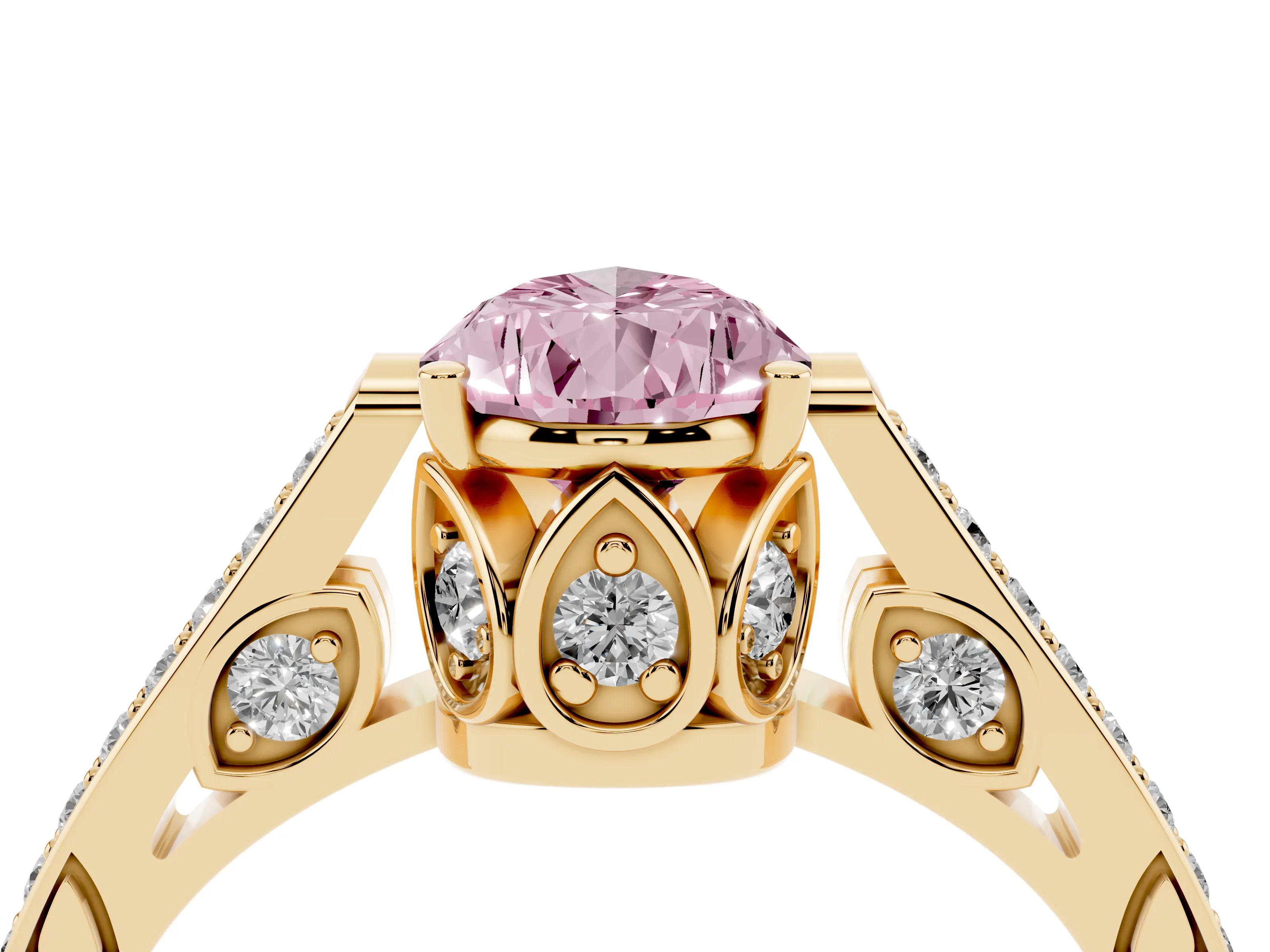 Fancy Pink Pear Cut Diamond Cathedral Pavé Engagement Ring Set in Yellow gold with Prong Setting