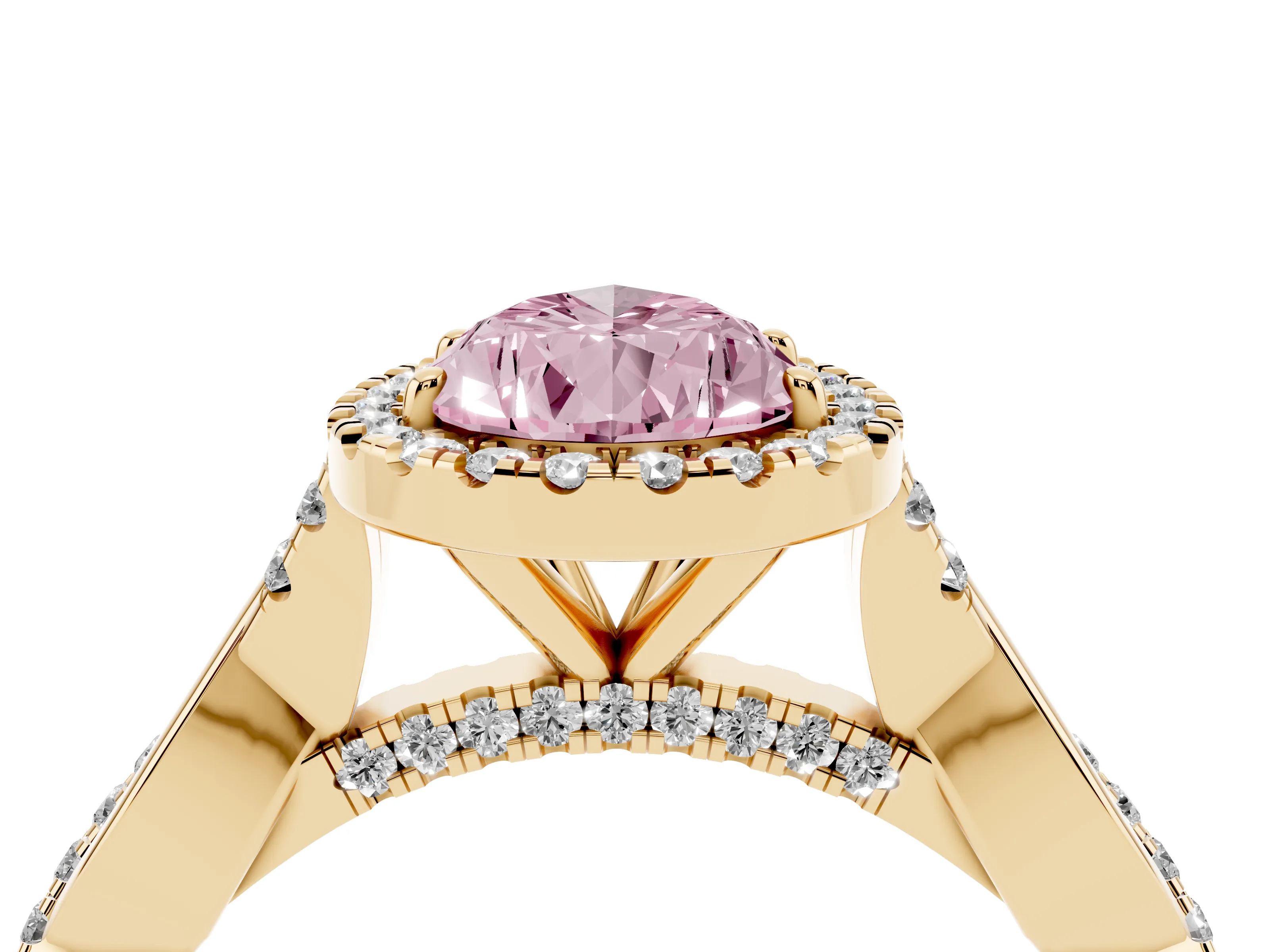 Fancy Pink Pear Cut Diamond Halo Twist Band Solitaire Ring Set in Yellow gold with Prong Setting