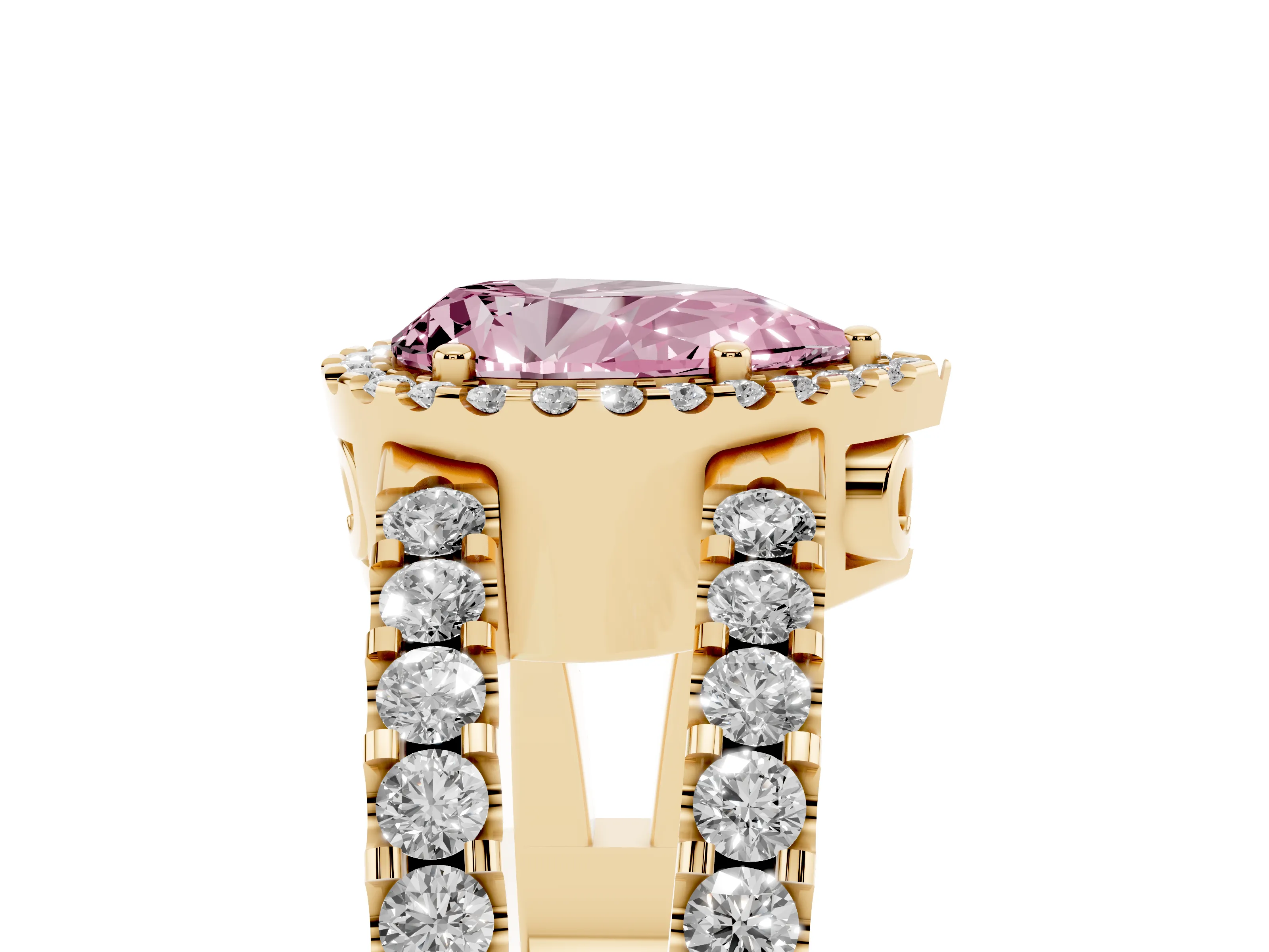 Fancy Pink Pear Cut Diamond Halo Ring Set in Yellow gold with Pavé Split Shank and Prong Setting