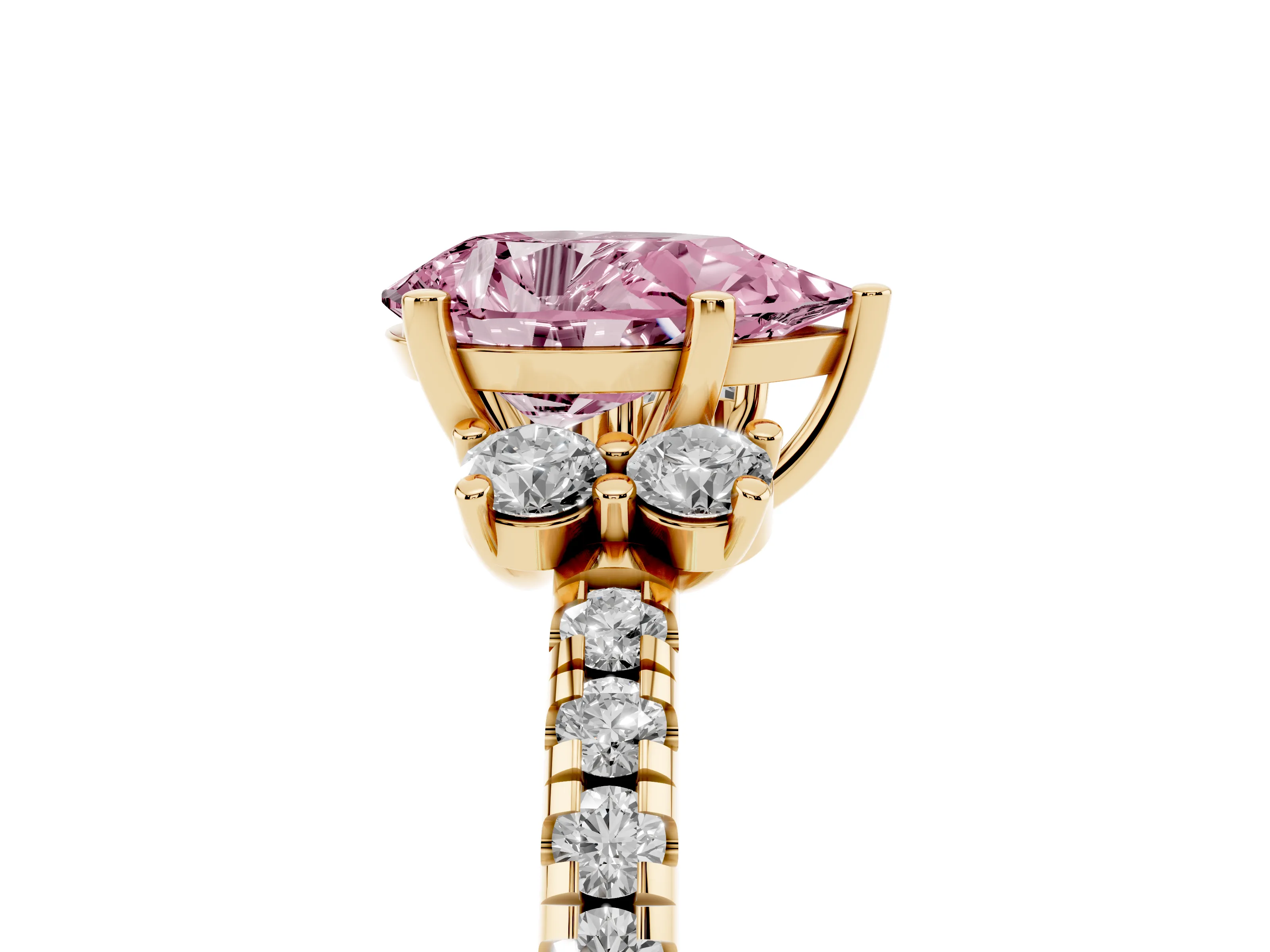 Fancy Pink Pear Cut Diamond Three-Stone Pavé Ring Set in Yellow gold with Prong Setting