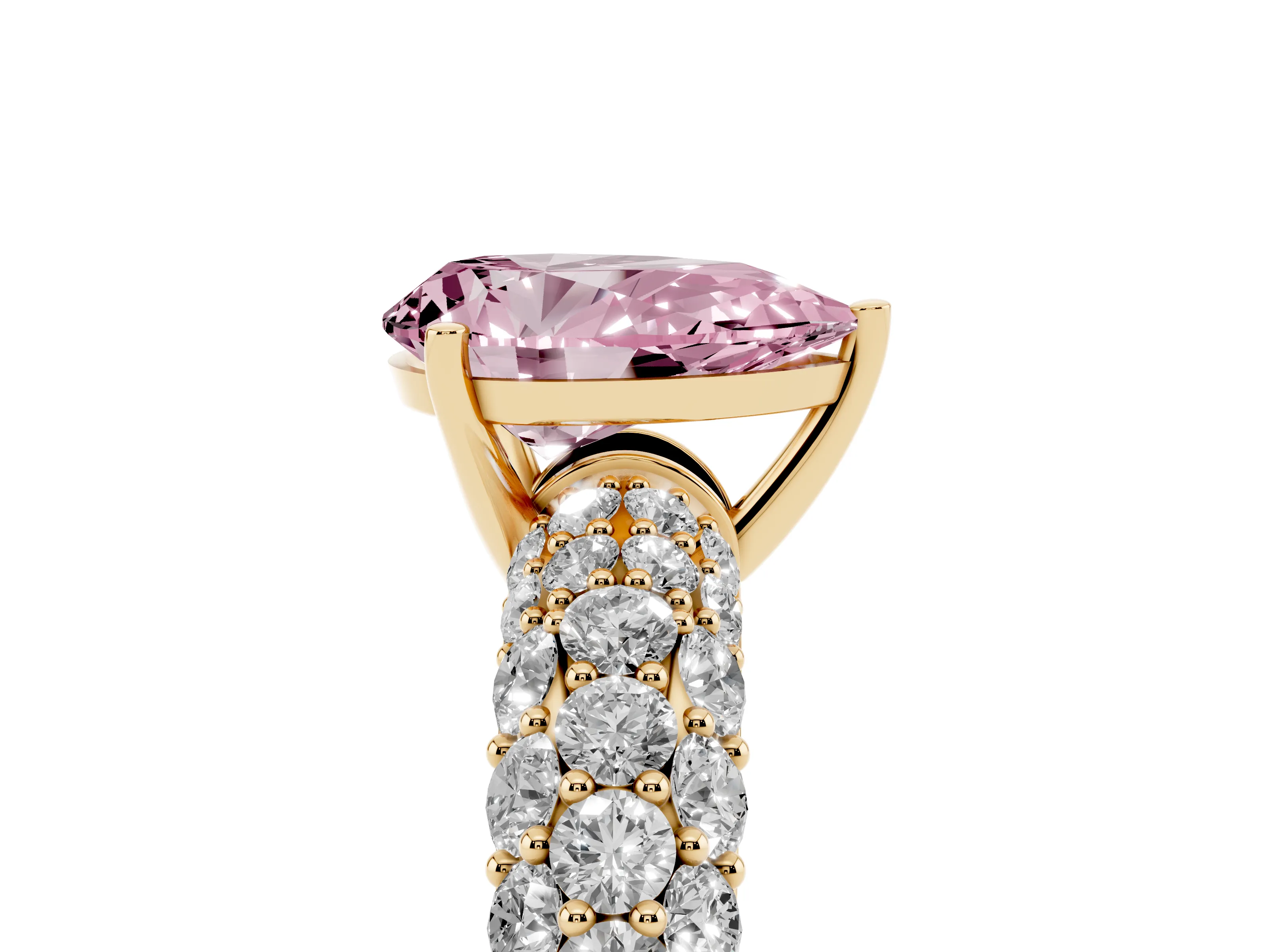 Fancy Pink Pear Cut Diamond Pavé Band Solitaire Ring Set in Yellow gold with Close-Set Accent Stones and Prong Setting