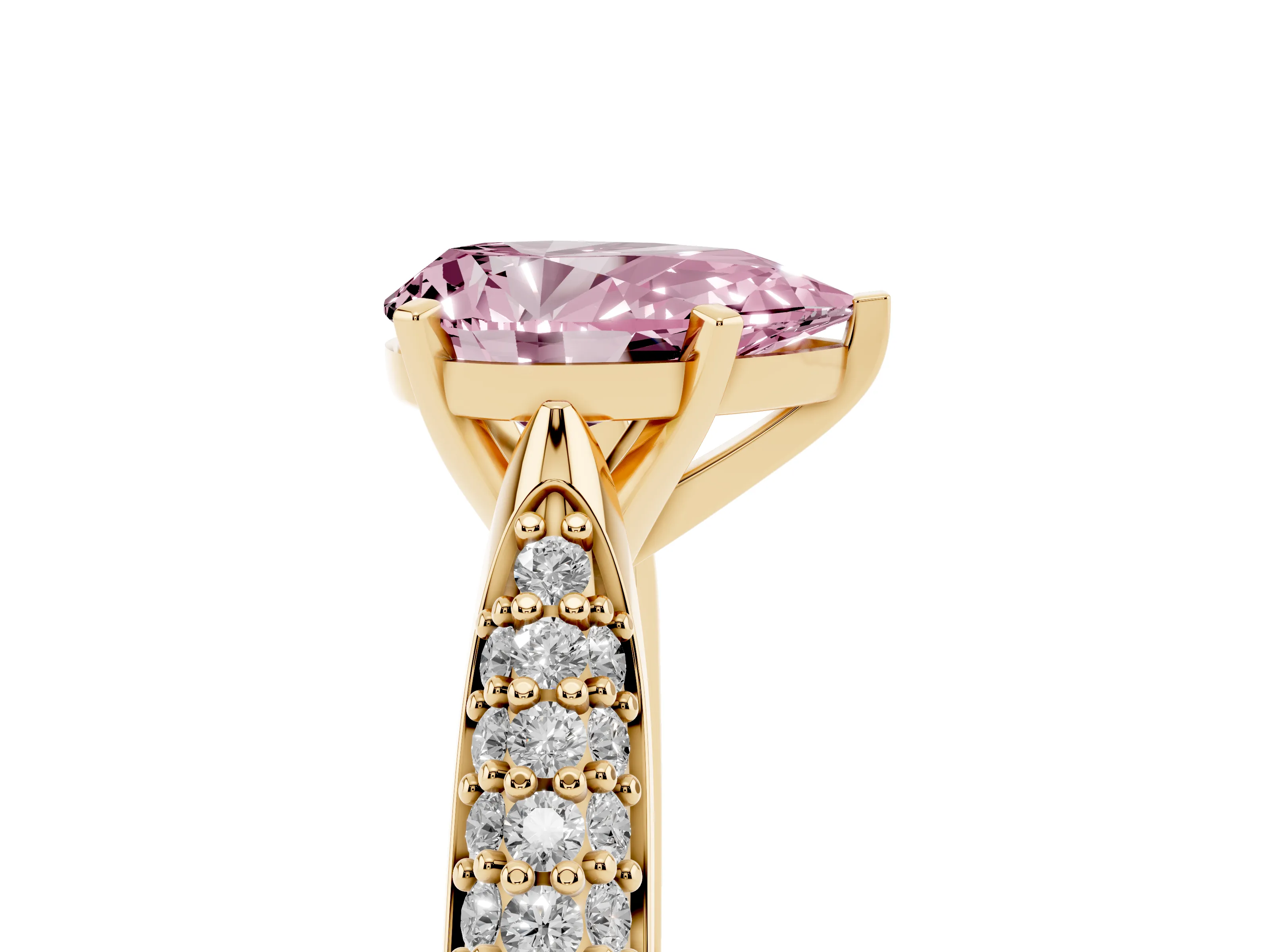 Fancy Pink Pear Cut Diamond Solitaire Engagement Ring Set in Yellow gold with Multi-Row Round Pavé Band and Prong Setting