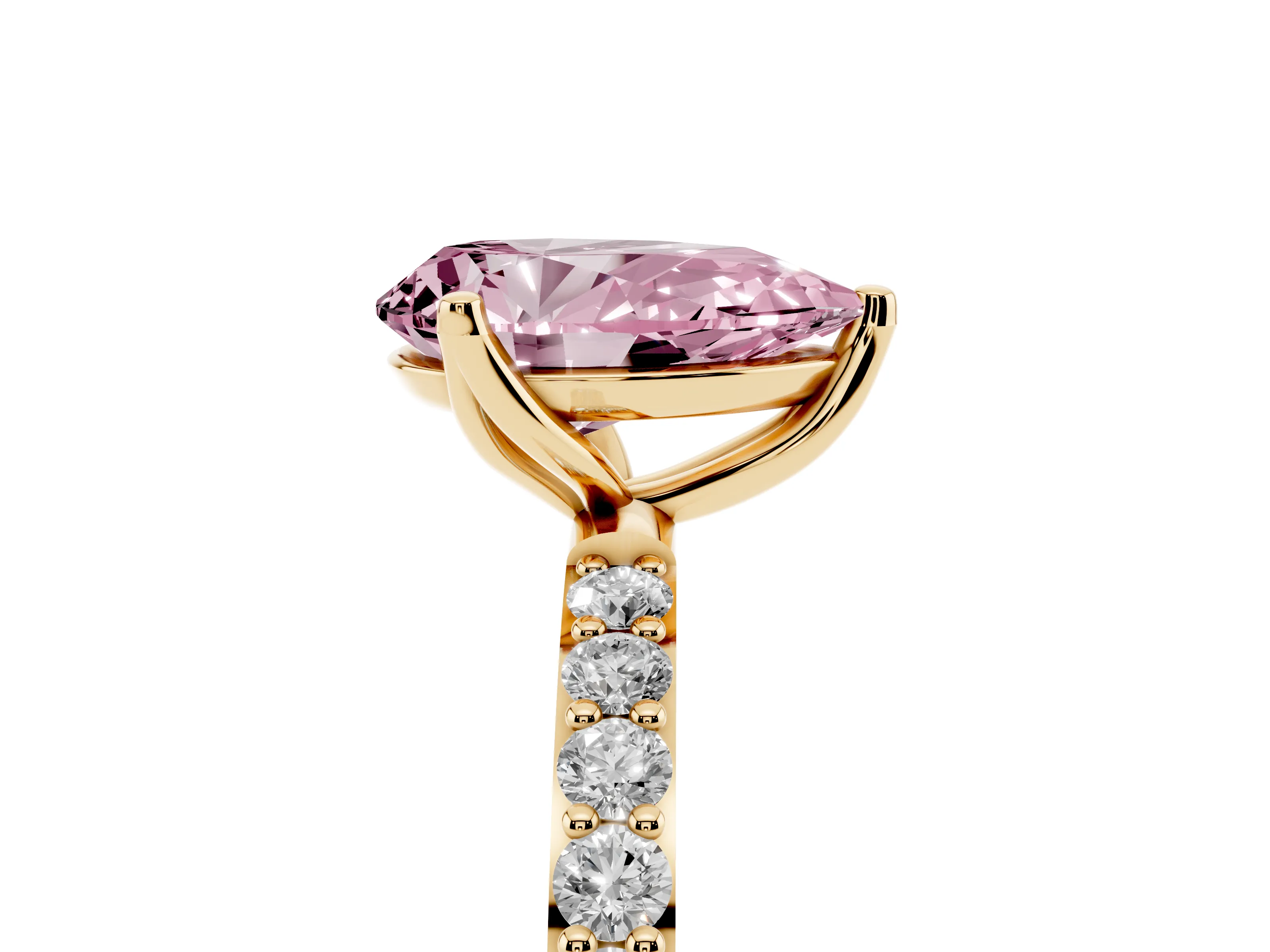 Fancy Pink Pear Cut Diamond Solitaire Engagement Ring Set in Yellow gold with Round Pavé Band and Prong Setting