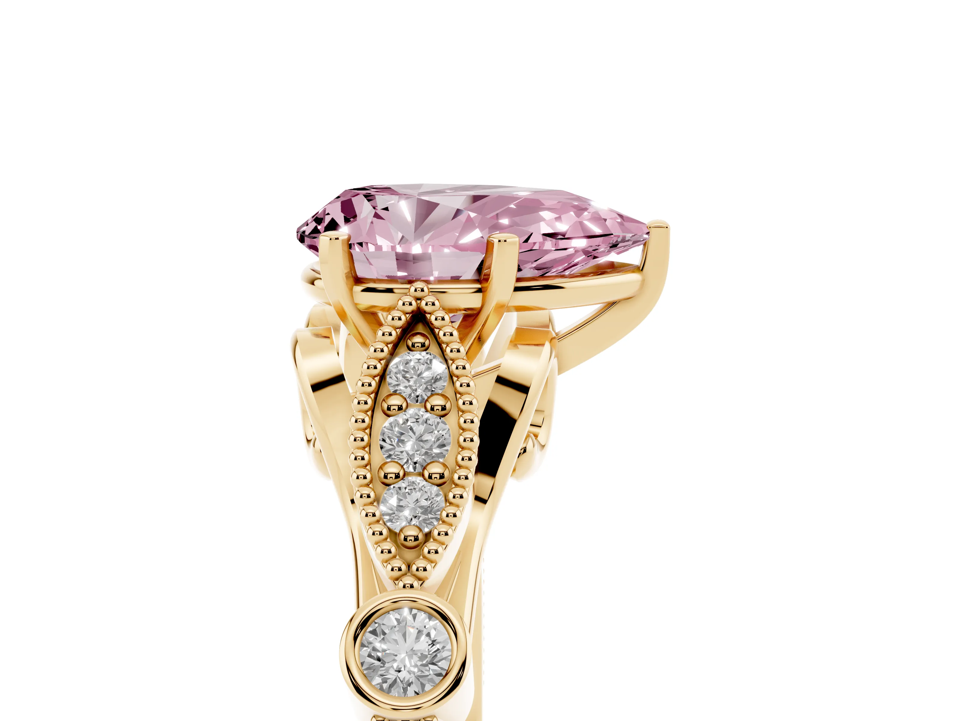 Fancy Pink Pear Cut Diamond Solitaire Ring Set in Yellow gold with Milgrain Marquise and Bezel Accents