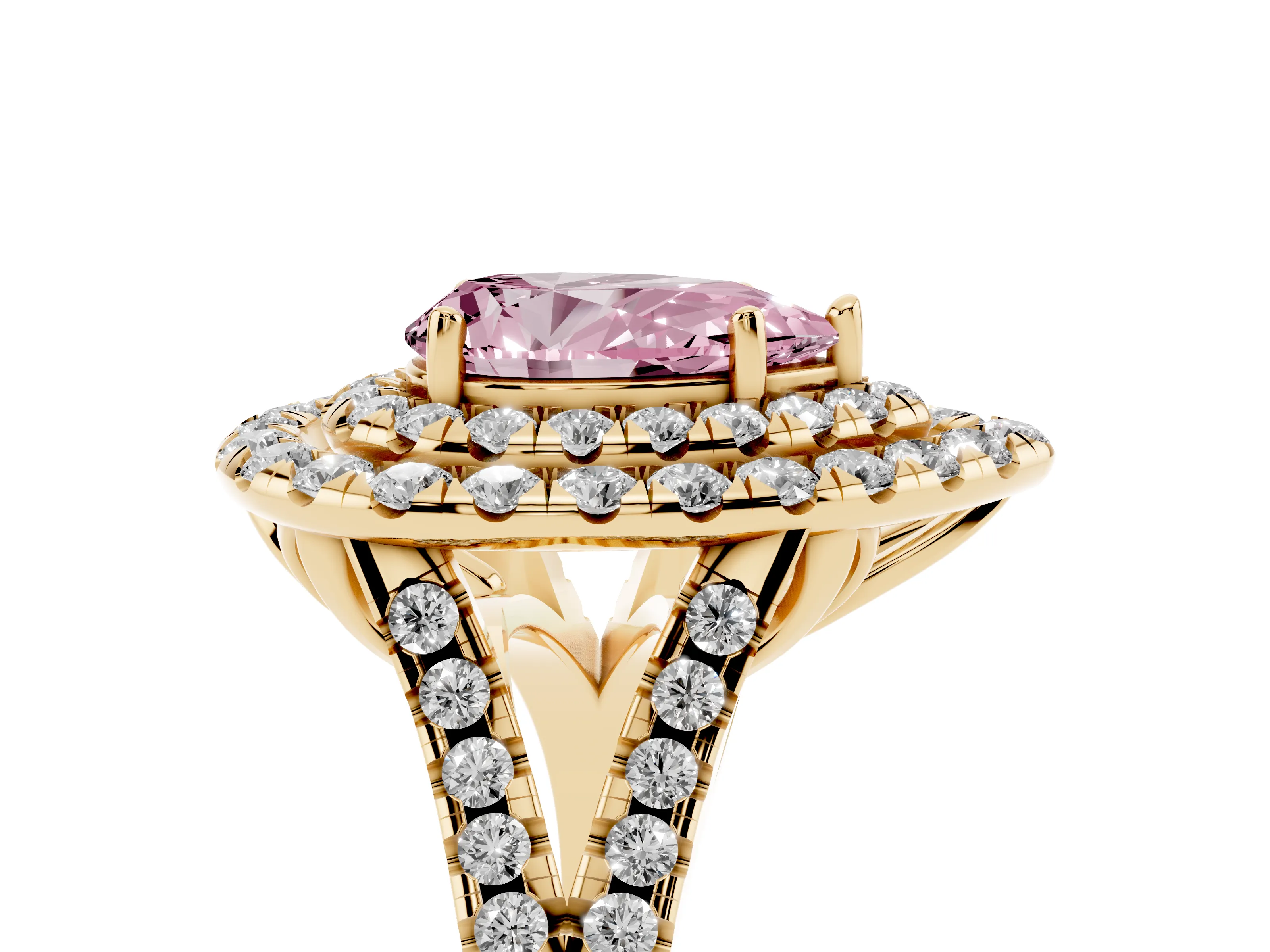 Fancy Pink Pear Cut Diamond Double Halo Ring Set in Yellow gold with Pavé Split Shank and Prong Setting