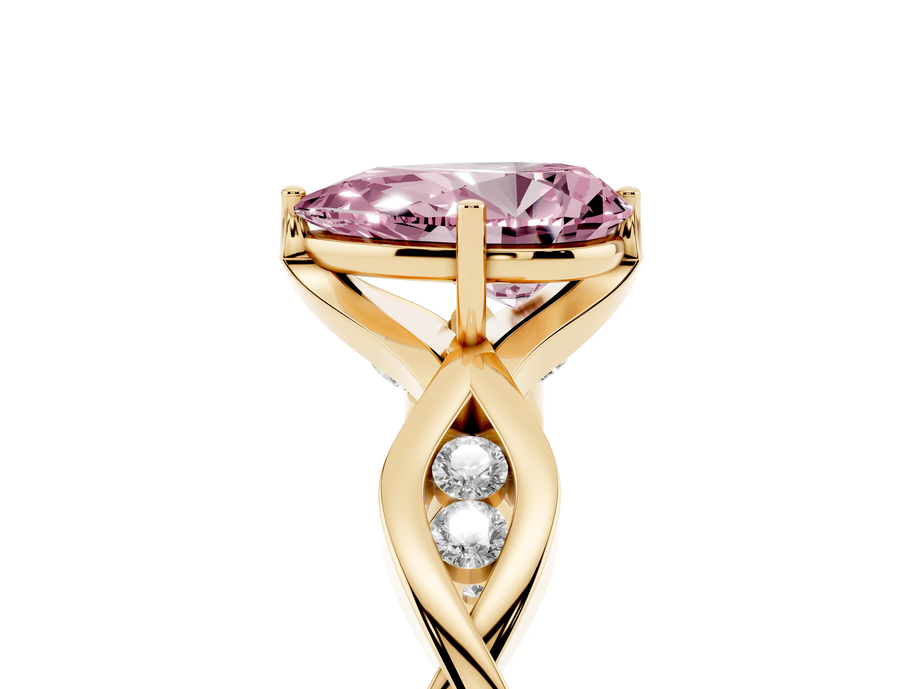 Fancy Pink Pear Cut Diamond Twist Band Solitaire Ring Set in Yellow gold with Leaf Prong Setting and Accent Stones