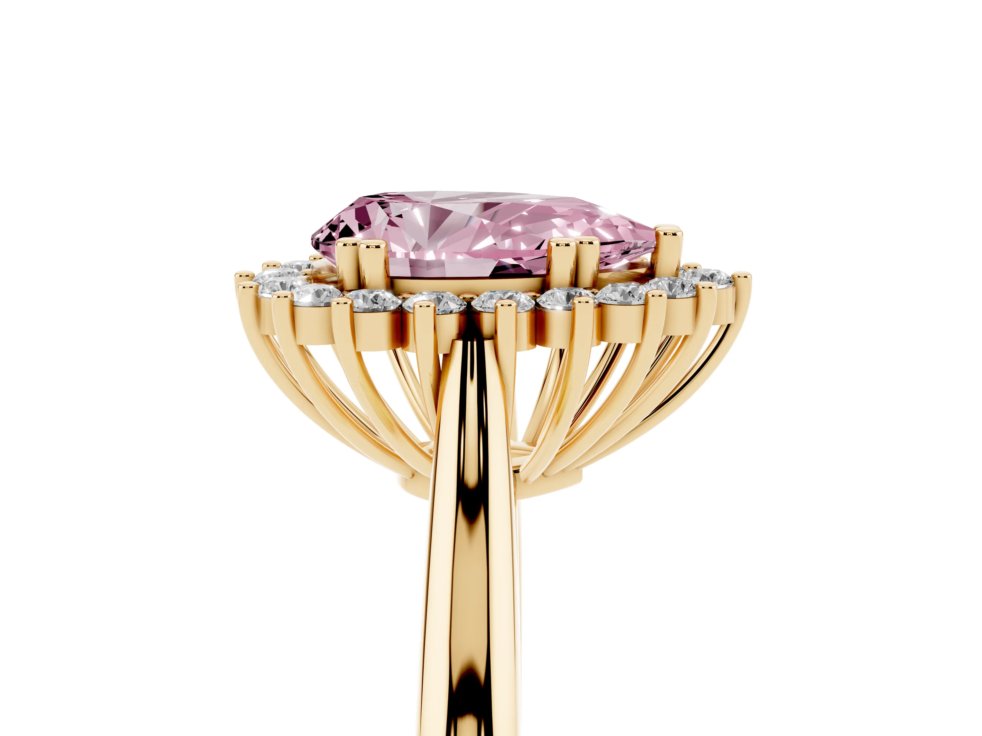 Fancy Pink Pear Cut Diamond Halo Ring Set in Yellow gold with Plain Solitaire Band and Prong Setting
