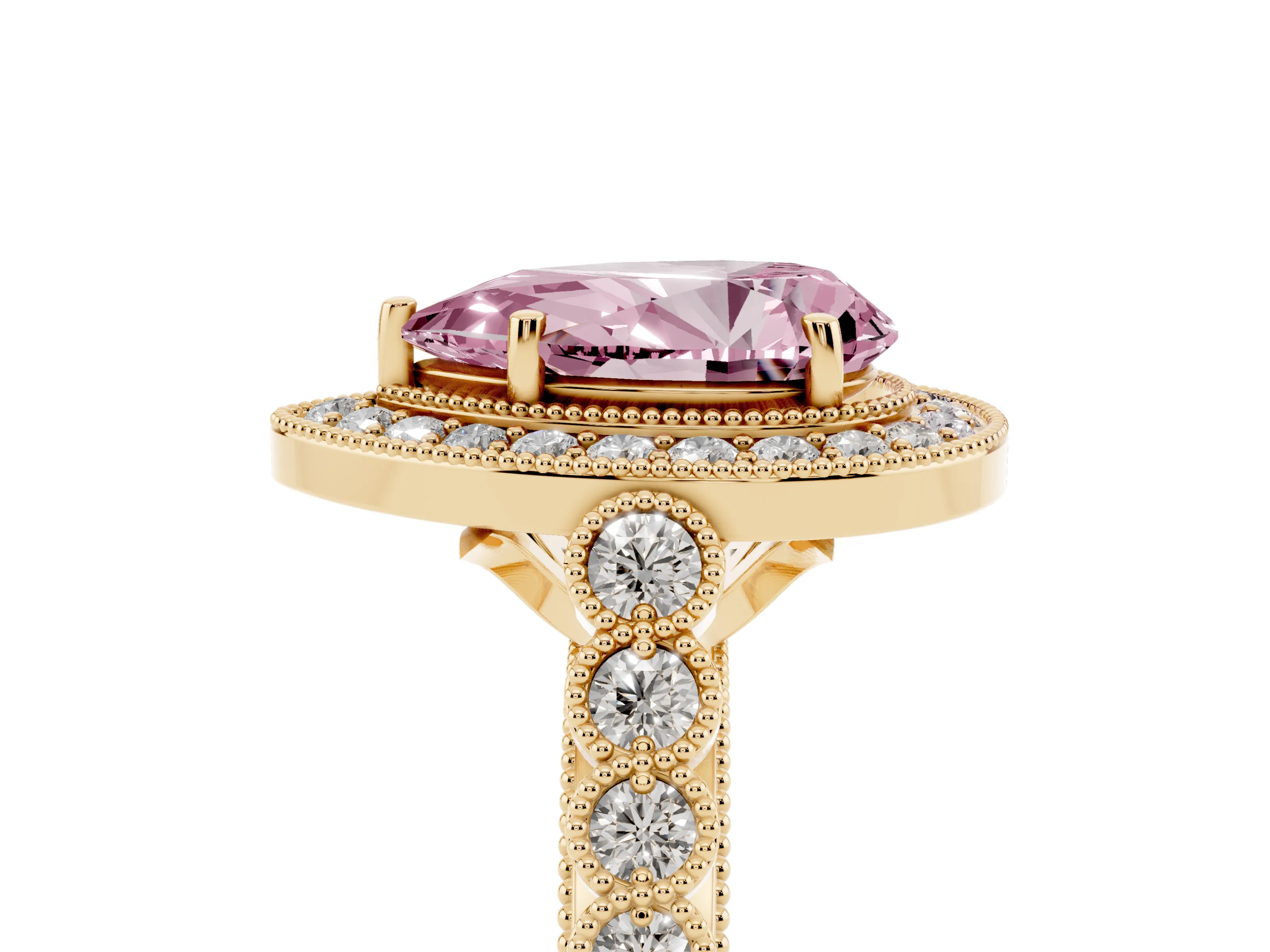 Fancy Pink Pear Cut Diamond Milgrain Halo Solitaire Ring Set in Yellow gold with Bezel Set Side Stones and Pavé Band