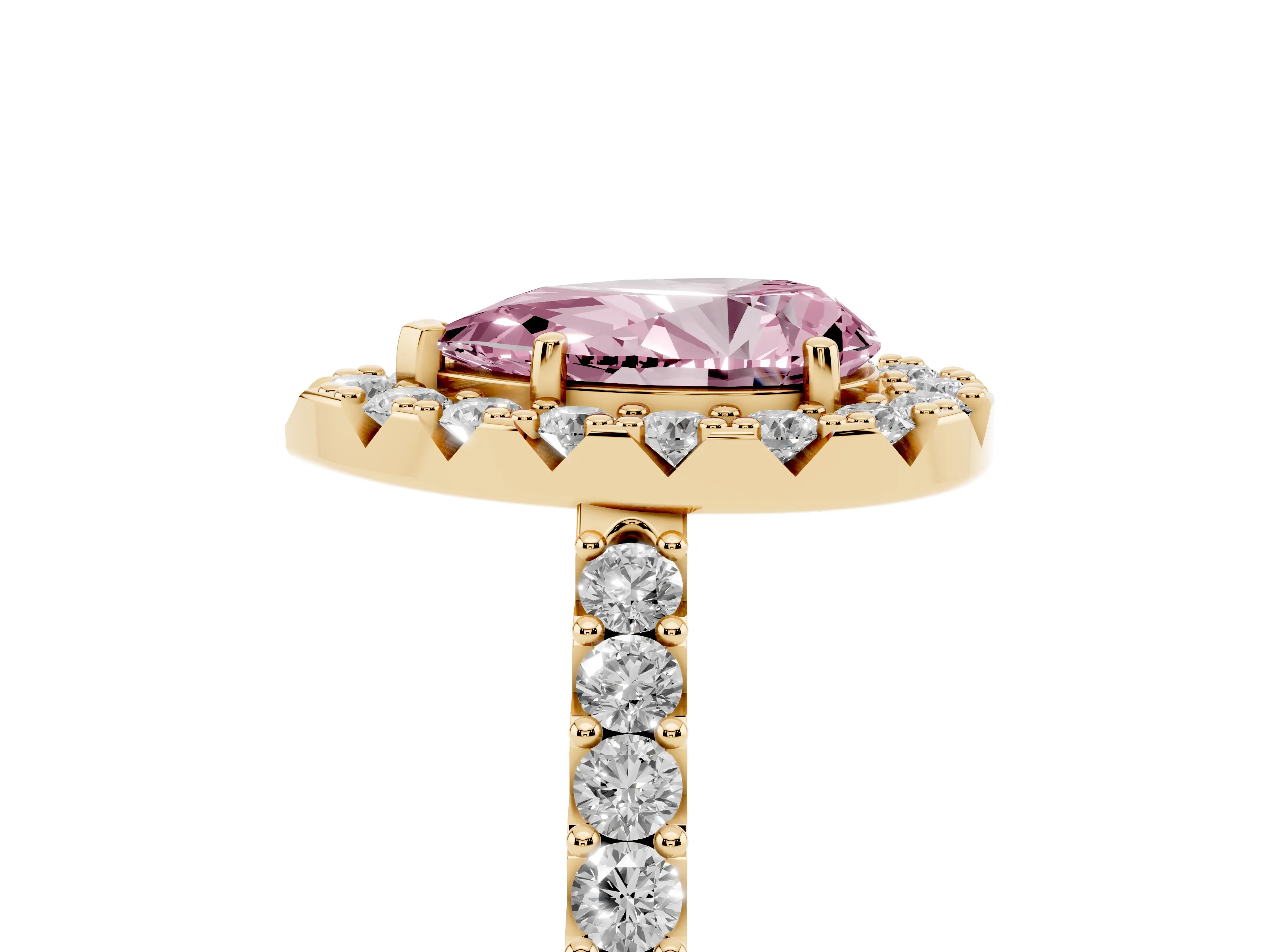 Fancy Pink Pear Cut Diamond Halo Pavé Solitaire Ring Set in Yellow gold with Prong-Set Center Stone