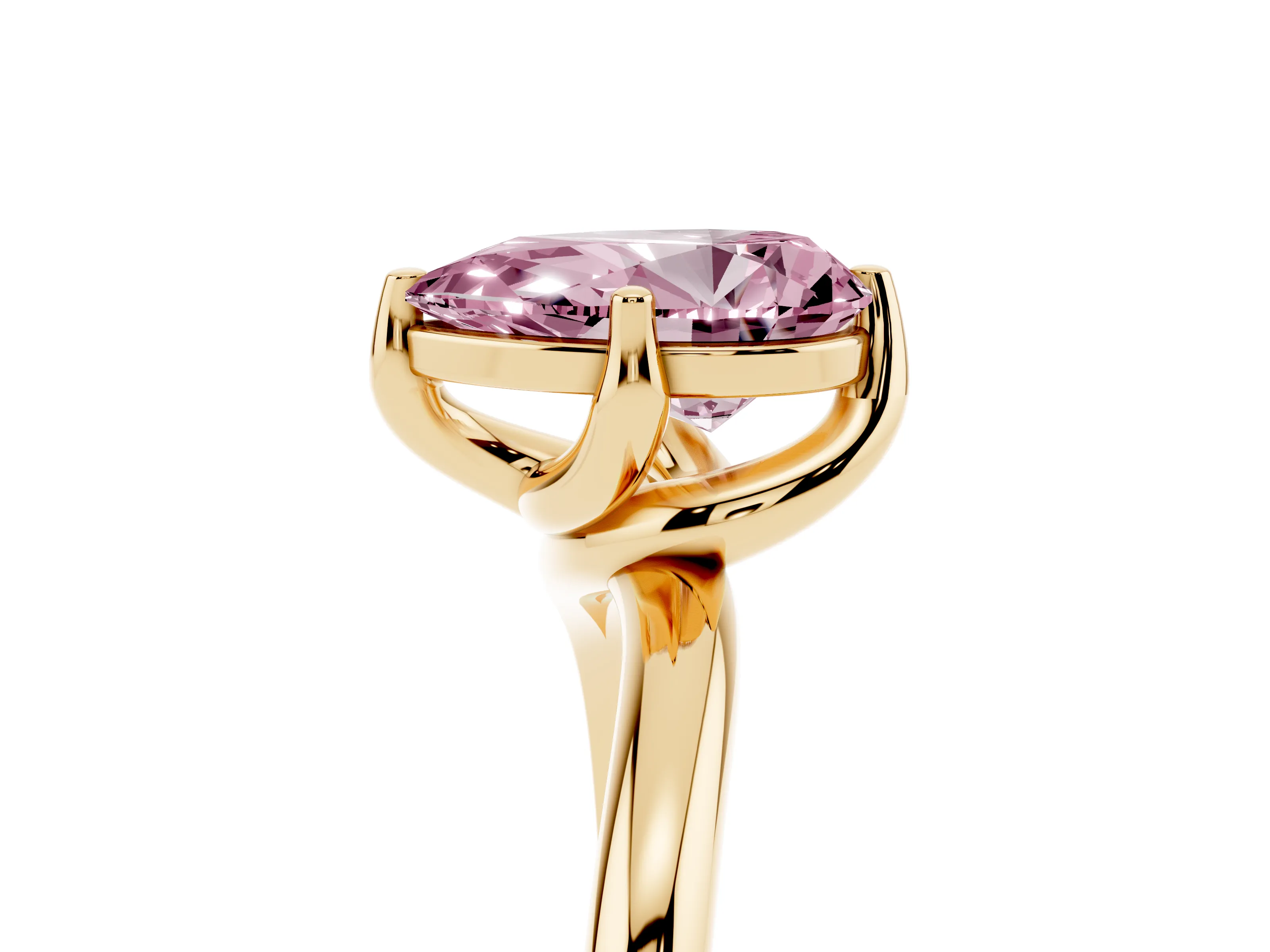 Fancy Pink Pear Cut Diamond Solitaire Engagement Ring Set in Yellow gold with Classic Plain Band