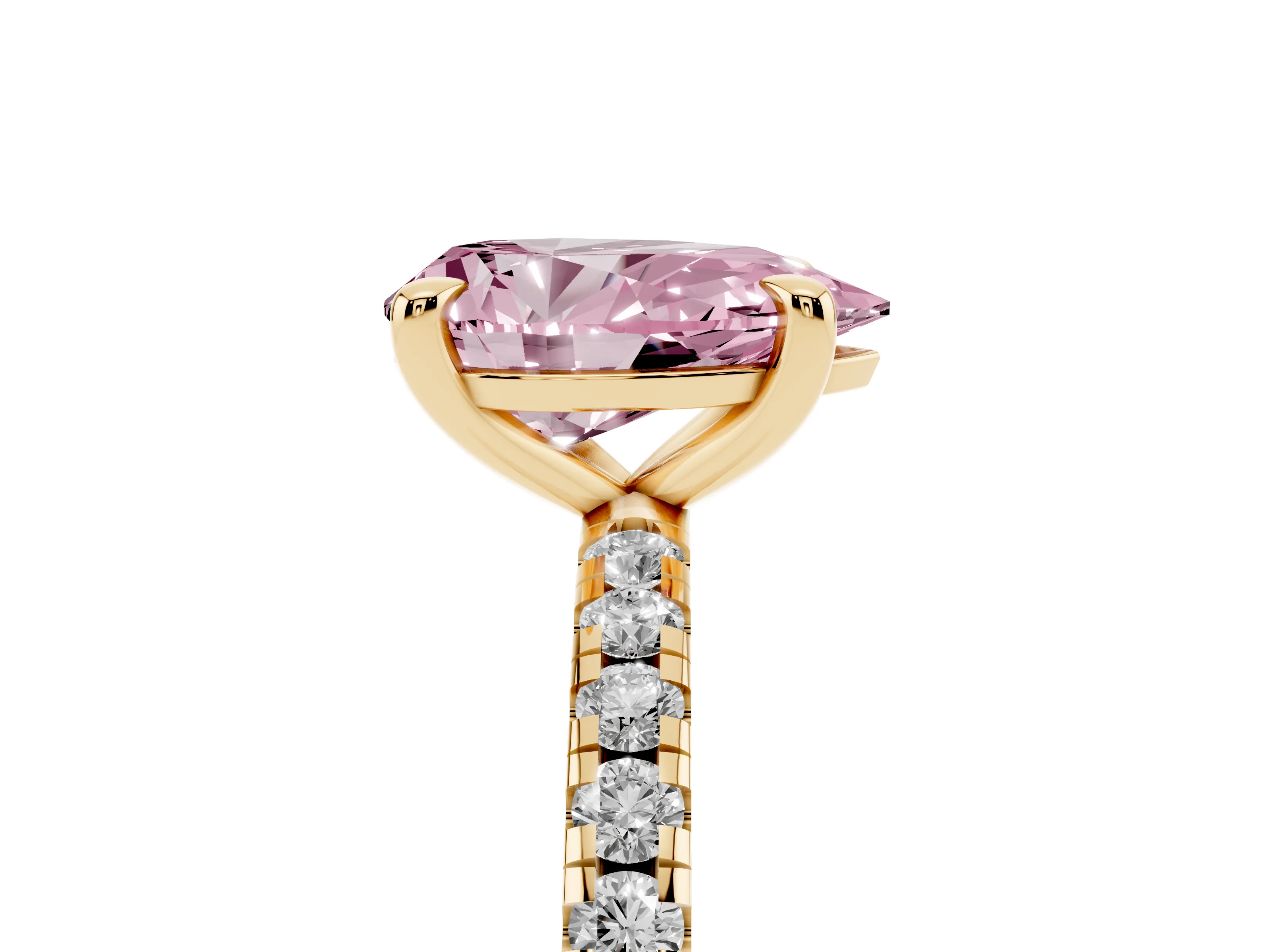 Fancy Pink Pear Cut Diamond Brilliant Solitaire Ring Set in Yellow gold with Pavé Band and Prong Setting