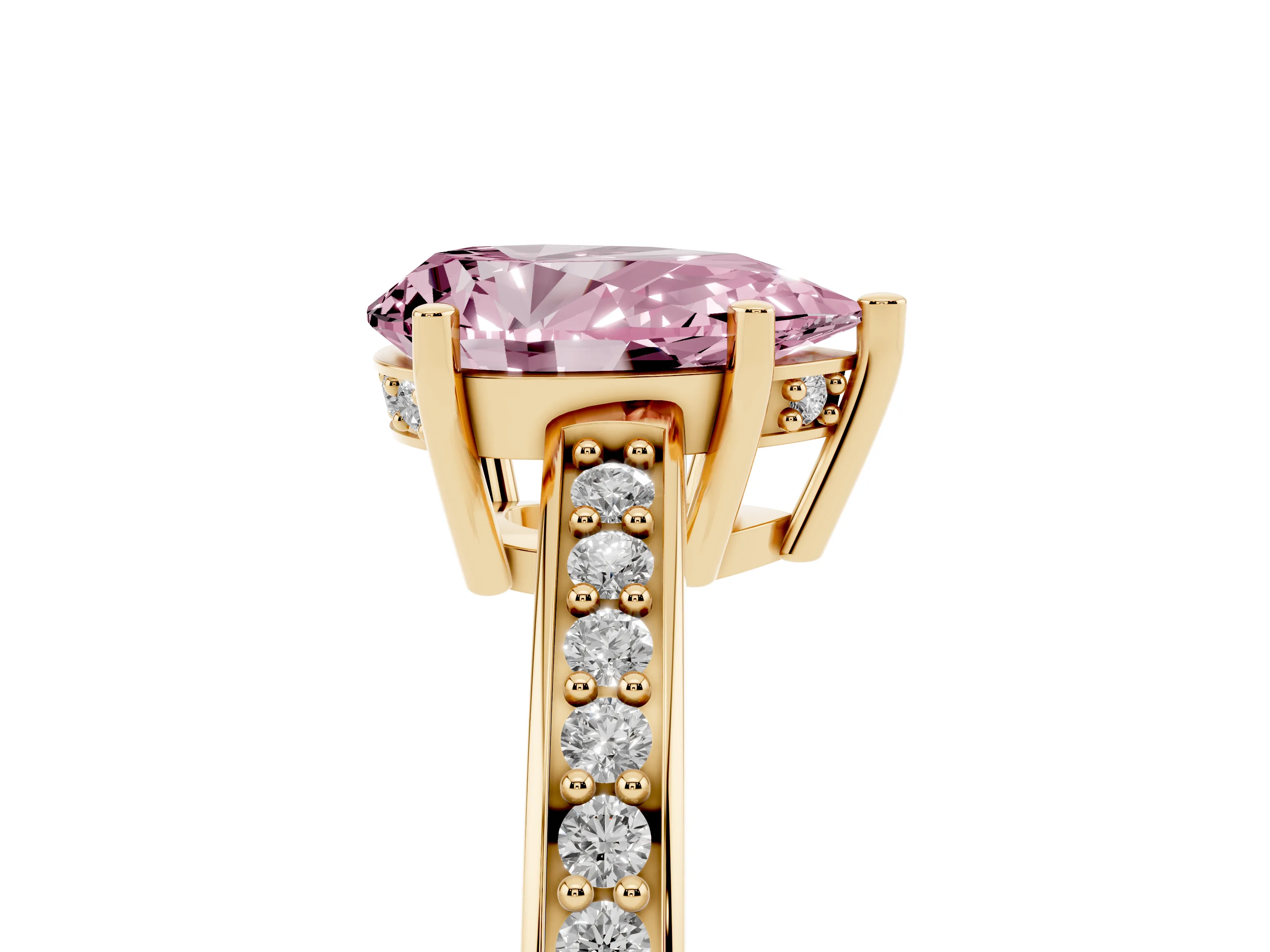 Fancy Pink Pear Cut Diamond Pavé Band Prong Set Solitaire Ring Set in Yellow gold