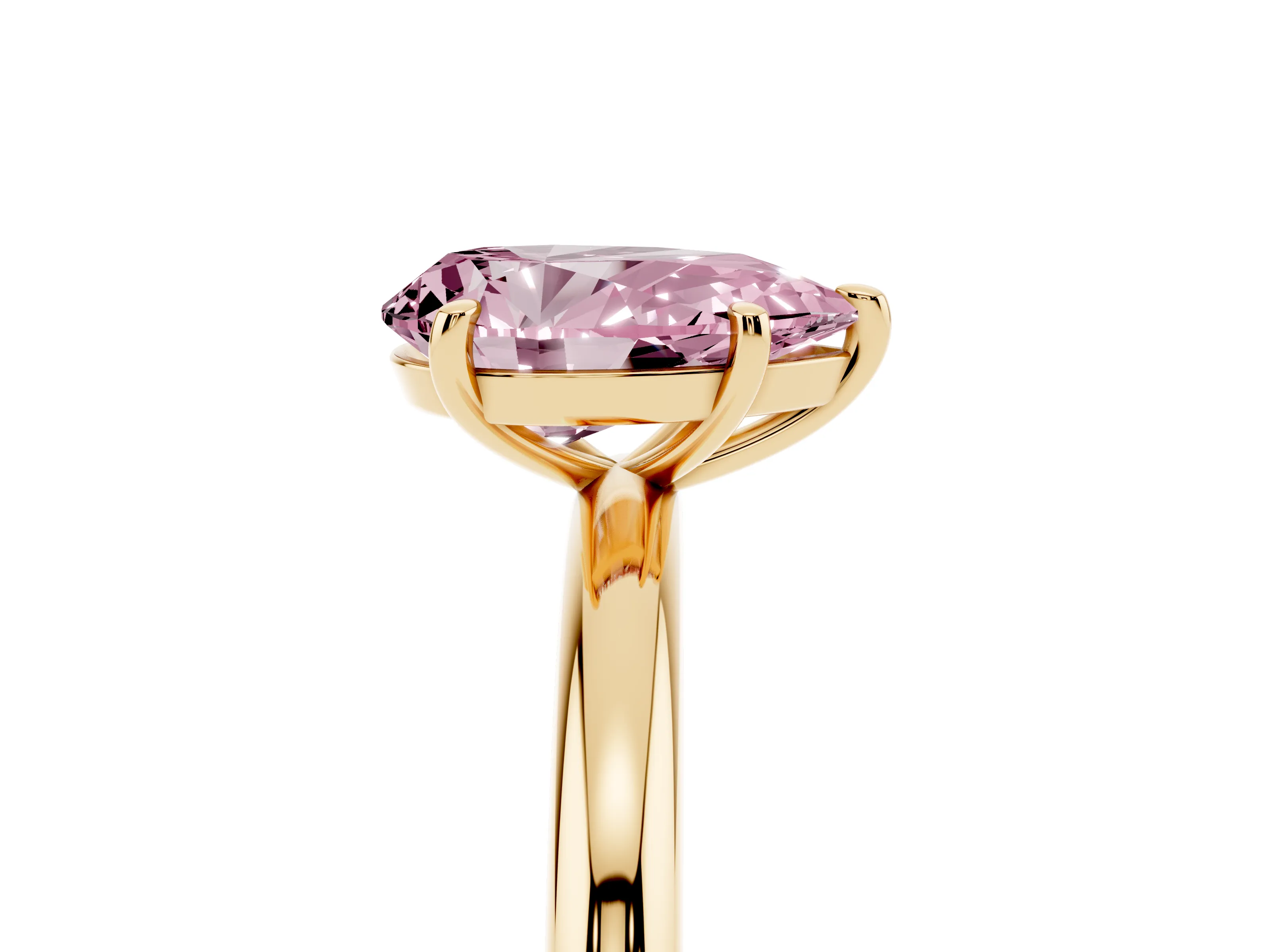 Fancy Pink Pear Cut Diamond Solitaire Ring Set in Yellow gold with Prong Setting on a Polished Plain Band
