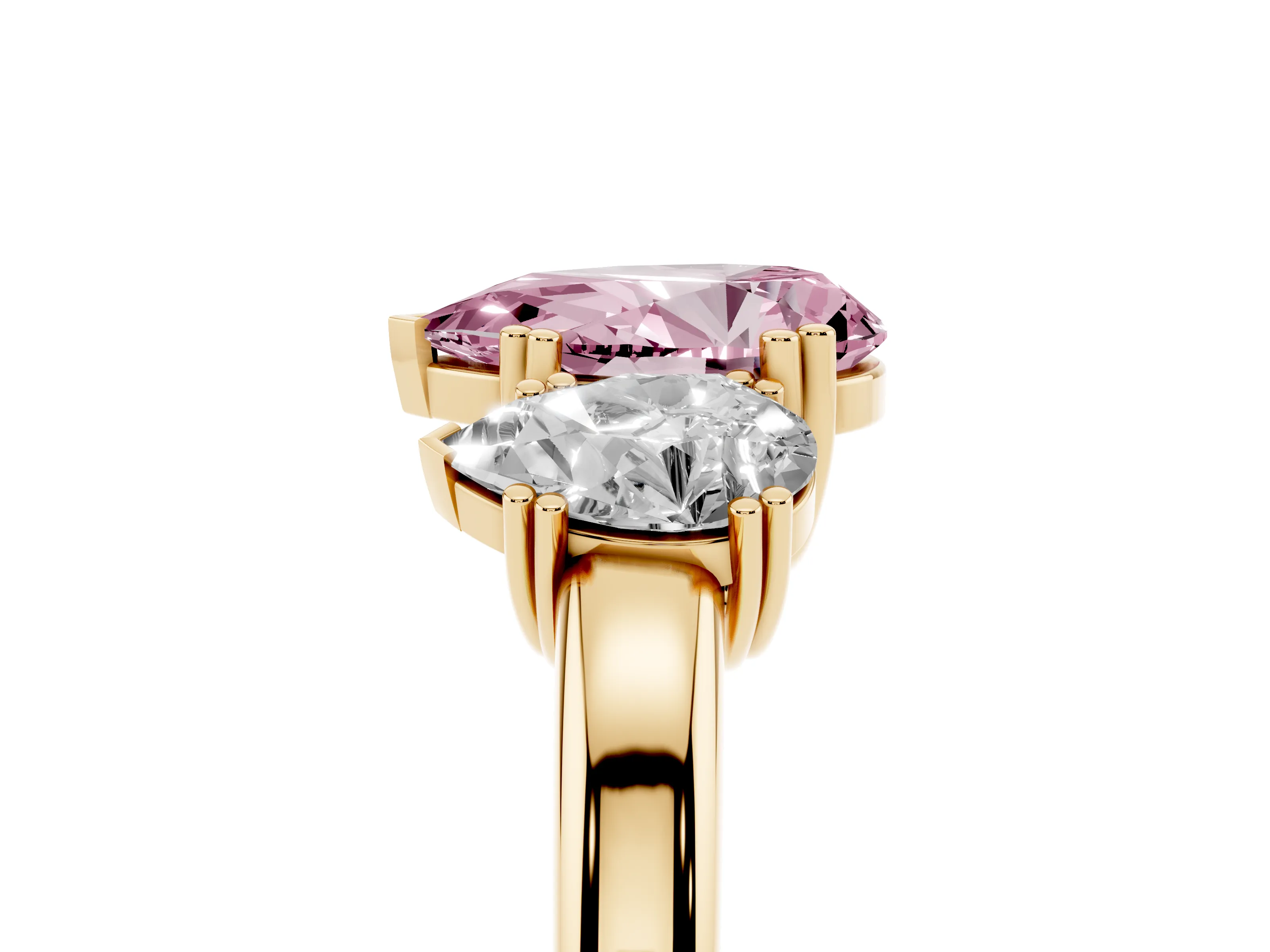 Fancy Pink Pear Cut Diamond Three-Stone Ring Set in Yellow gold with Polished Channel-Set Band