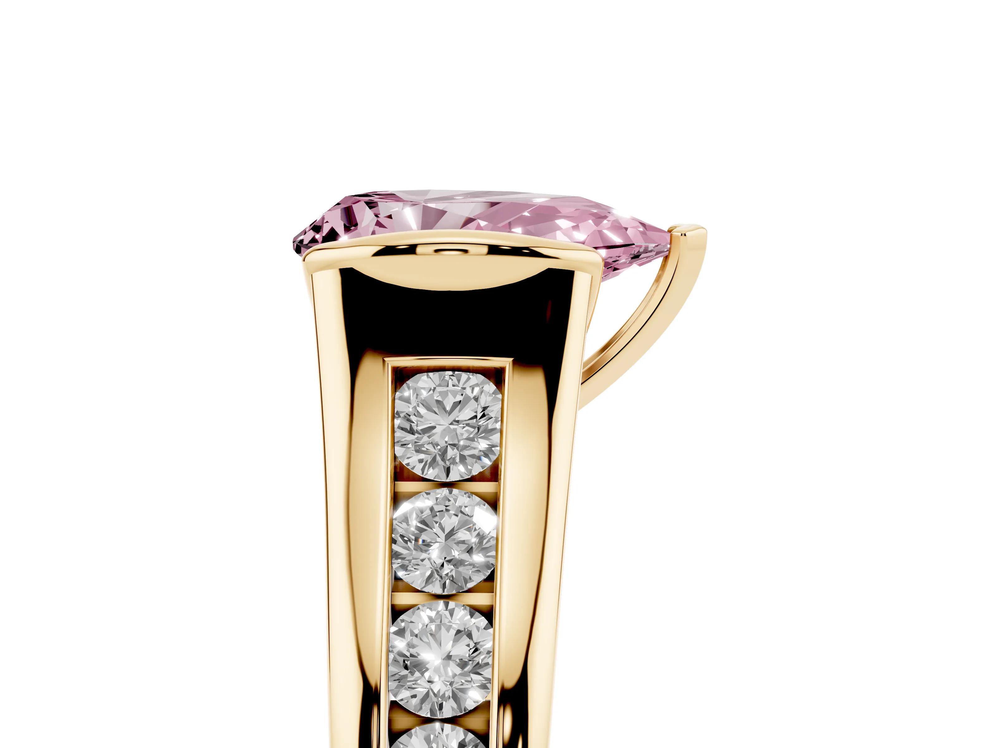 Fancy Pink Pear Cut Diamond Bezel-Set Solitaire Ring Set in Yellow gold with Channel-Set Band
